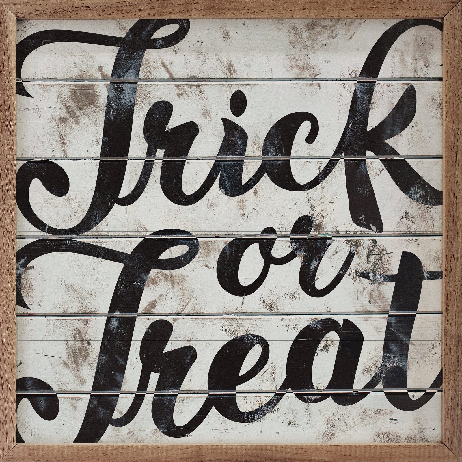 Kendrick Home Walnut Frames 4x4 Trick Or Treat Whitewash Printed and Framed Wall Sign