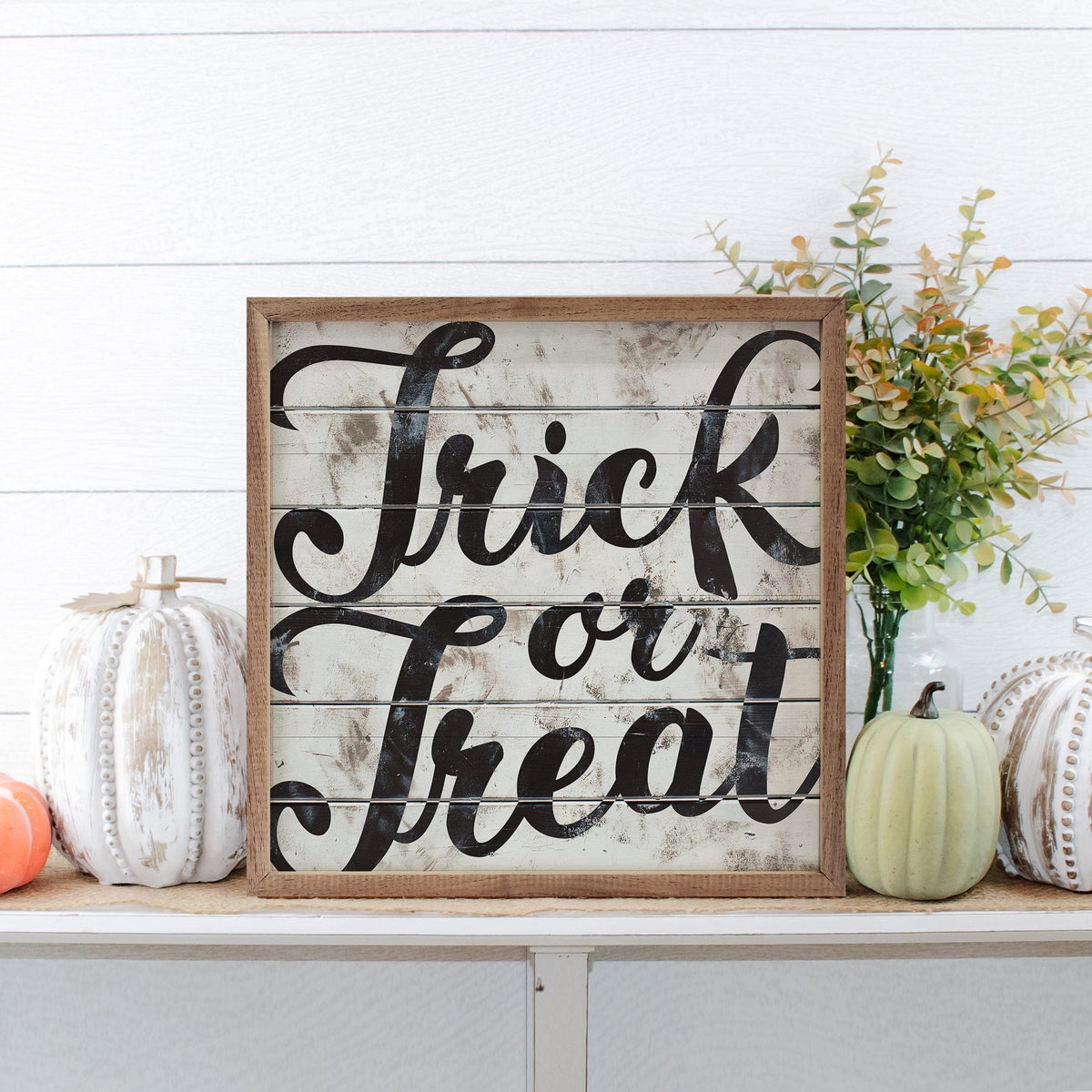 Kendrick Home Walnut Frames Trick Or Treat Whitewash Printed and Framed Wall Sign
