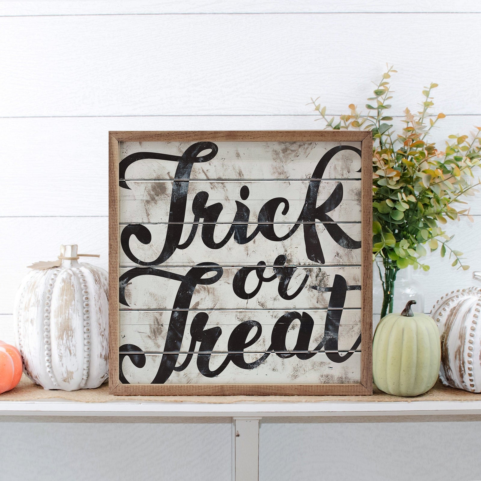 Kendrick Home Walnut Frames 4x4 Trick Or Treat Whitewash Printed and Framed Wall Sign