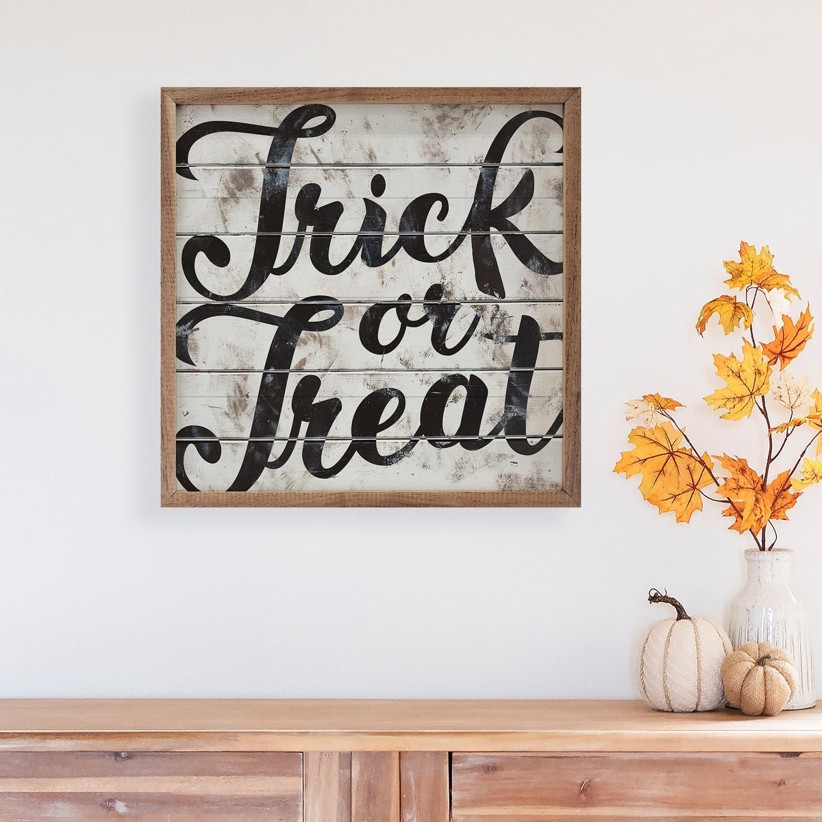 Kendrick Home Walnut Frames Trick Or Treat Whitewash Printed and Framed Wall Sign