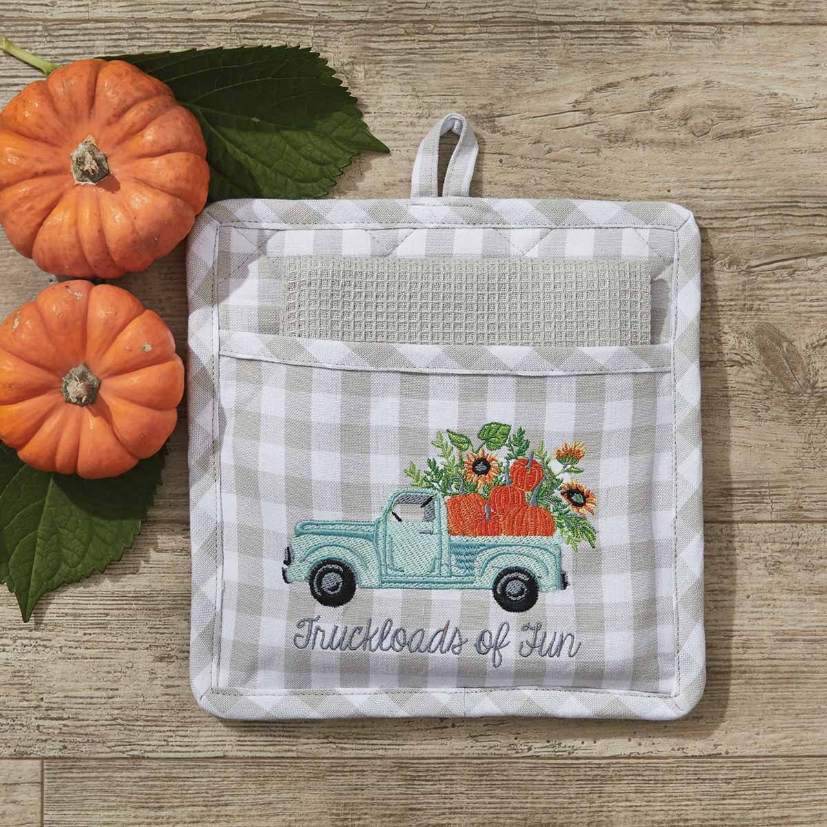 Truck Loads of Fun Embroidered Pocket Potholder &amp; Dishtowel Set-Park Designs-The Village Merchant