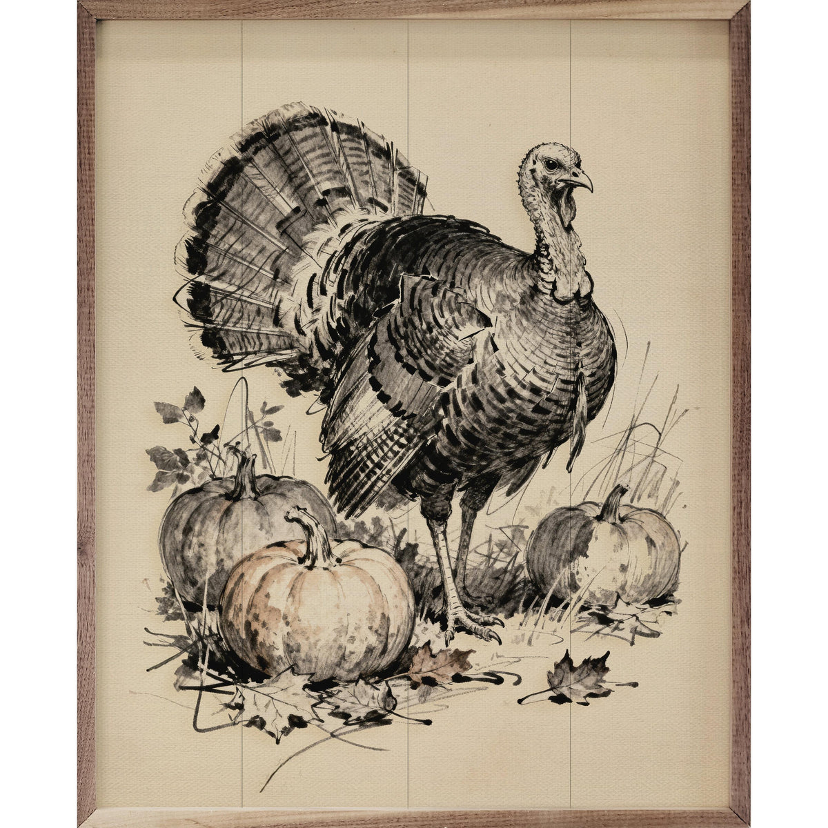 Turkey With Pumpkins Printed and Framed Wall Sign