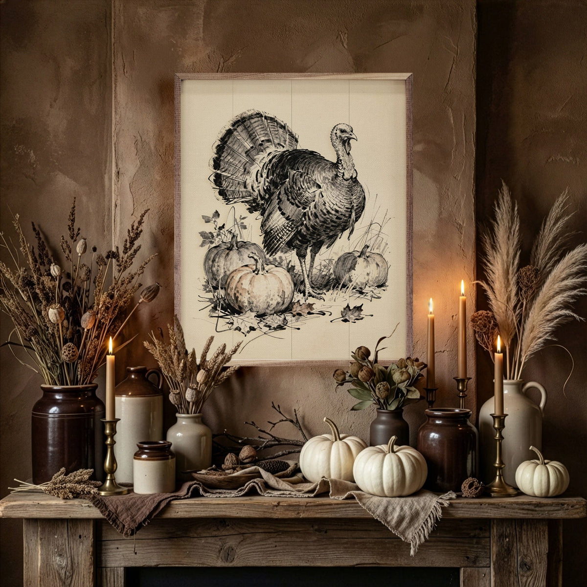 Kendrick Home Walnut Frames Turkey With Pumpkins Printed and Framed Wall Sign