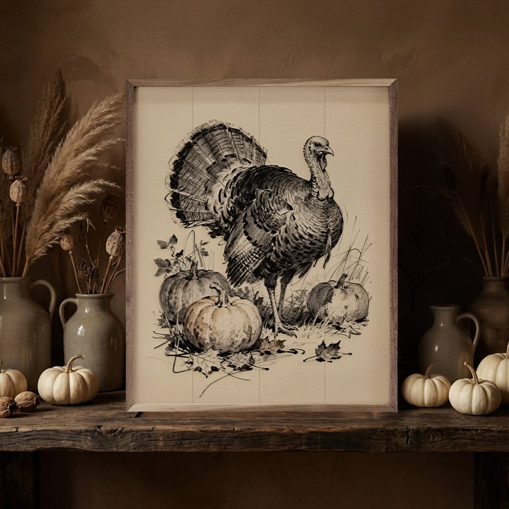 Kendrick Home Walnut Frames Turkey With Pumpkins Printed and Framed Wall Sign