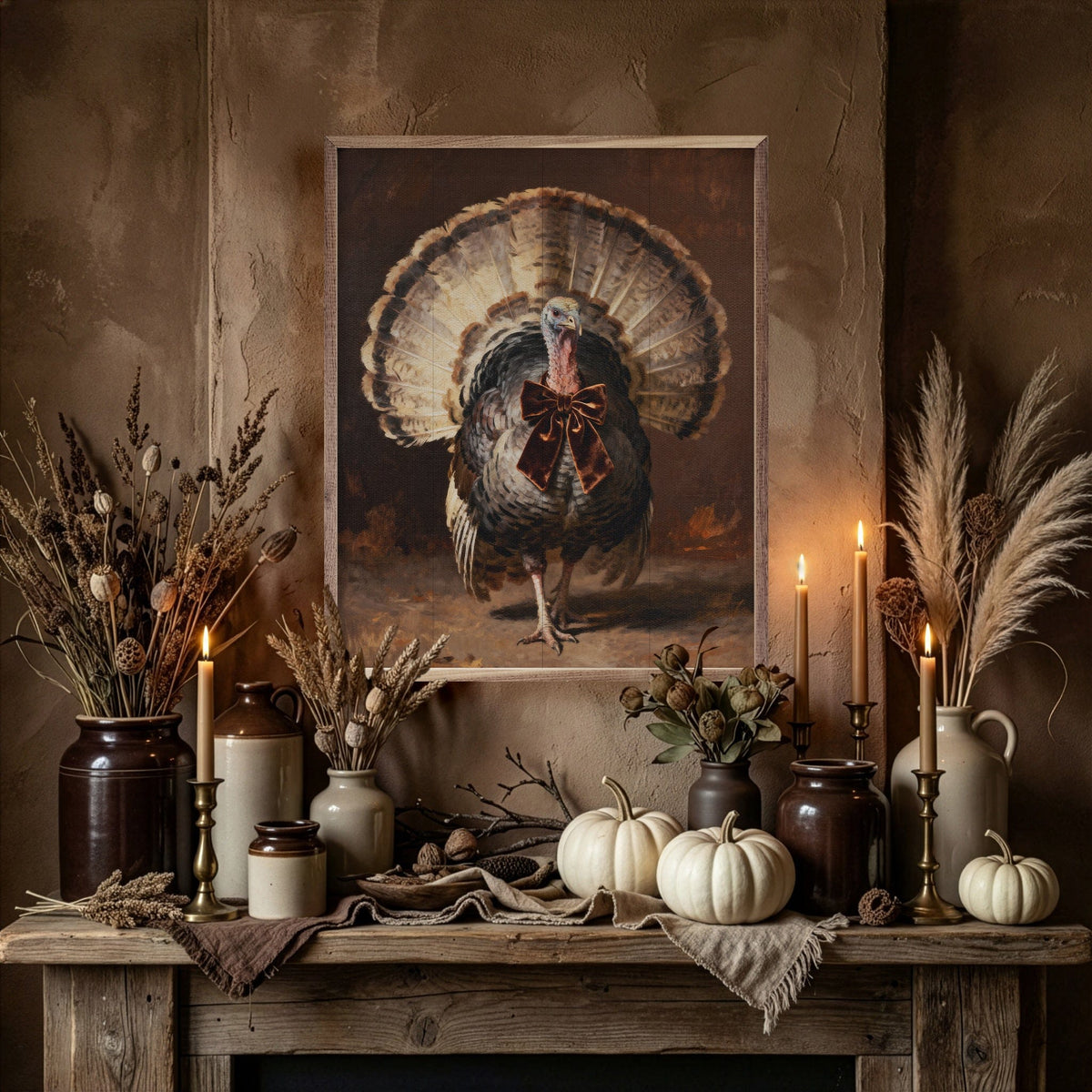 Kendrick Home Walnut Frames Turkey With Velvet Bow Printed and Framed Wall Sign