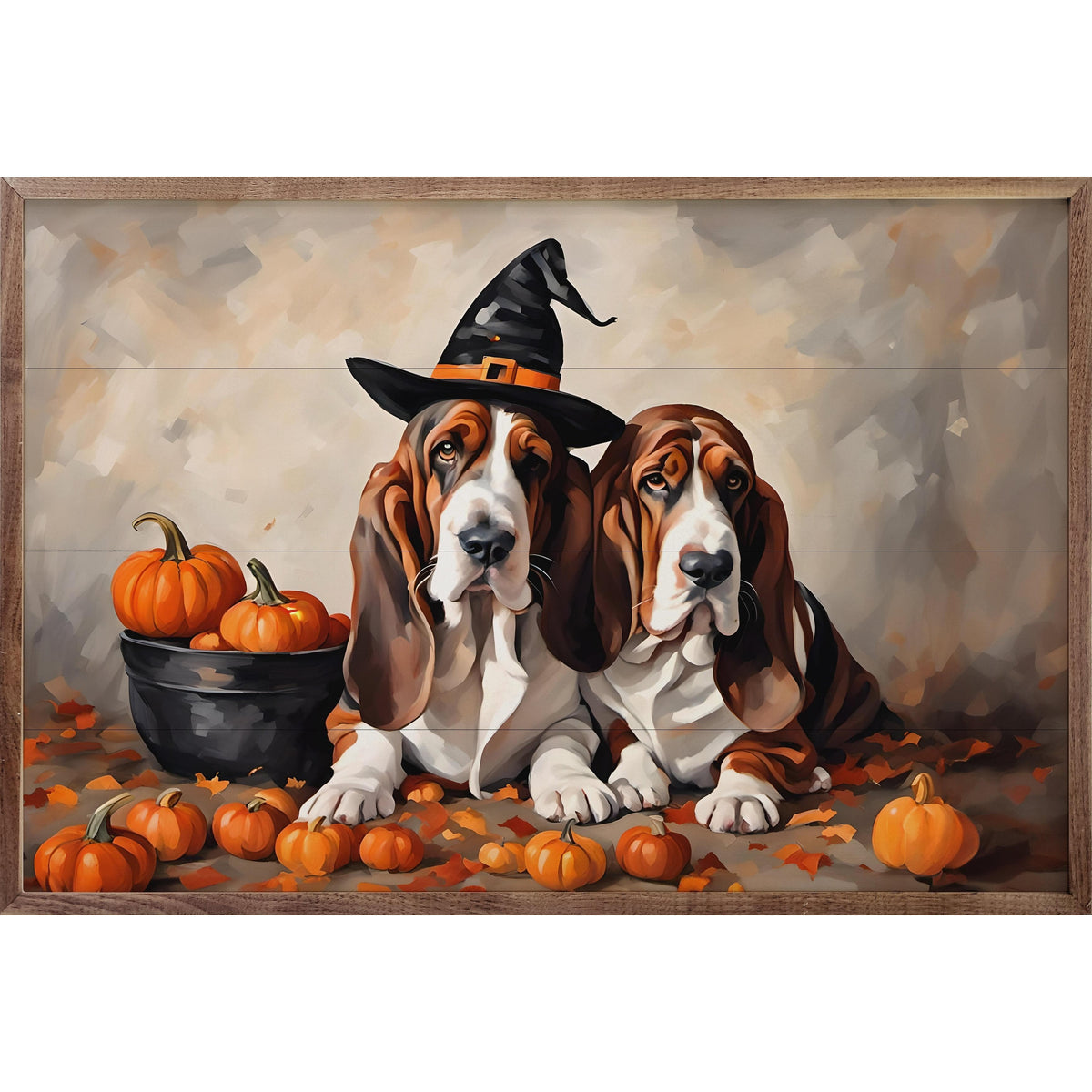 Kendrick Home Walnut Frames Two Bassets With Pumpkins Printed and Framed Wall Sign