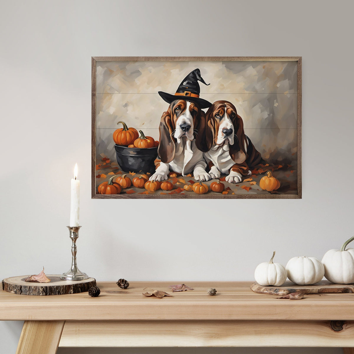 Kendrick Home Walnut Frames Two Bassets With Pumpkins Printed and Framed Wall Sign