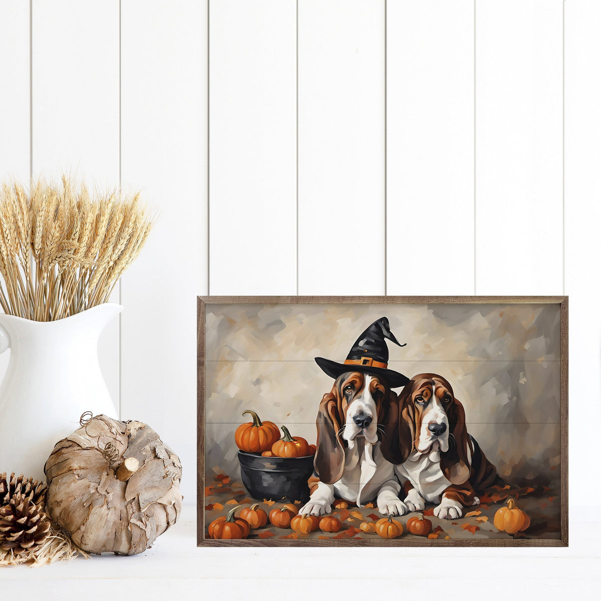 Kendrick Home Walnut Frames Two Bassets With Pumpkins Printed and Framed Wall Sign