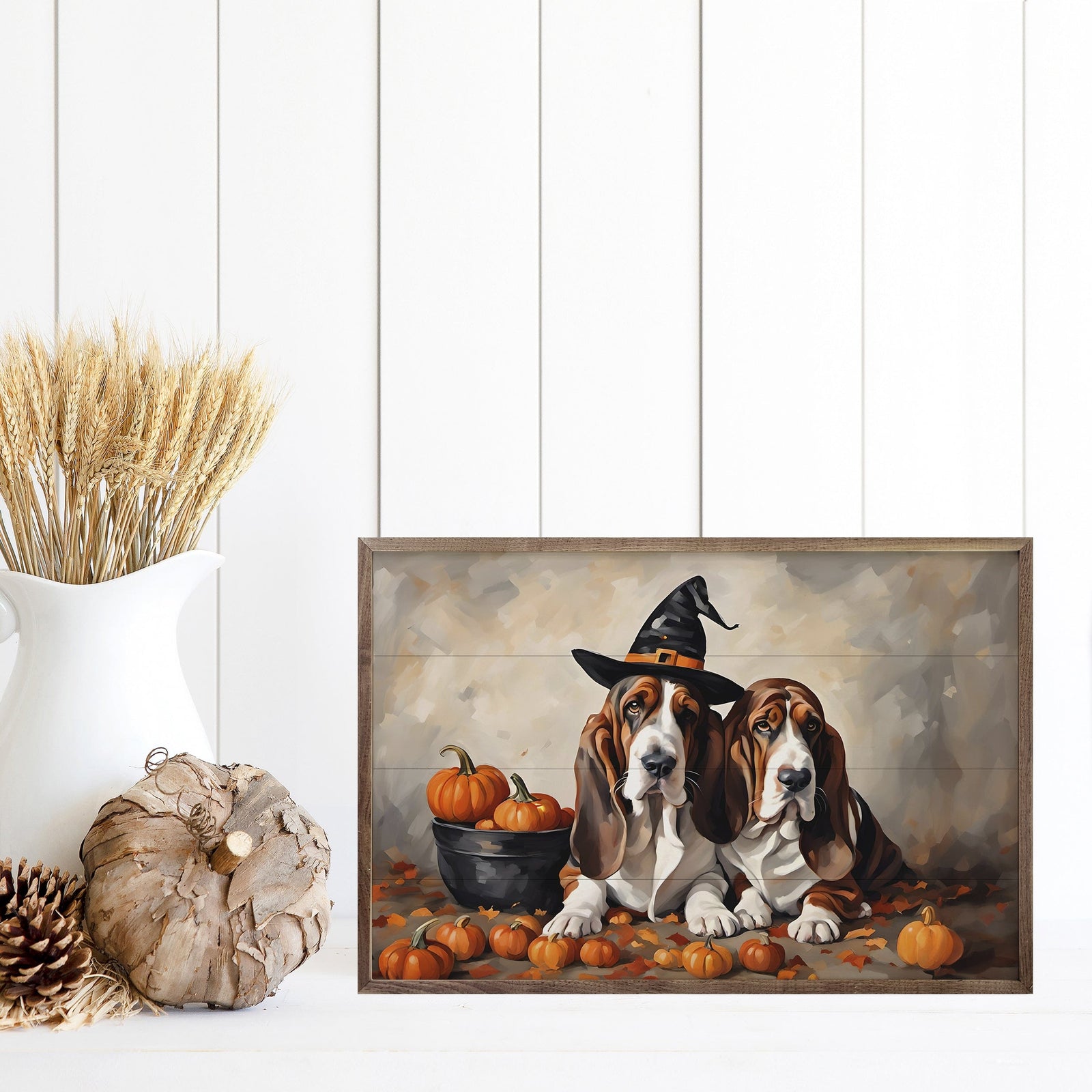 Kendrick Home Walnut Frames Two Bassets With Pumpkins Printed and Framed Wall Sign