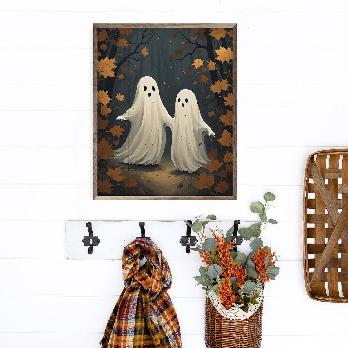 Kendrick Home Walnut Frames Two Ghost With Orange Leaves Printed and Framed Wall Sign