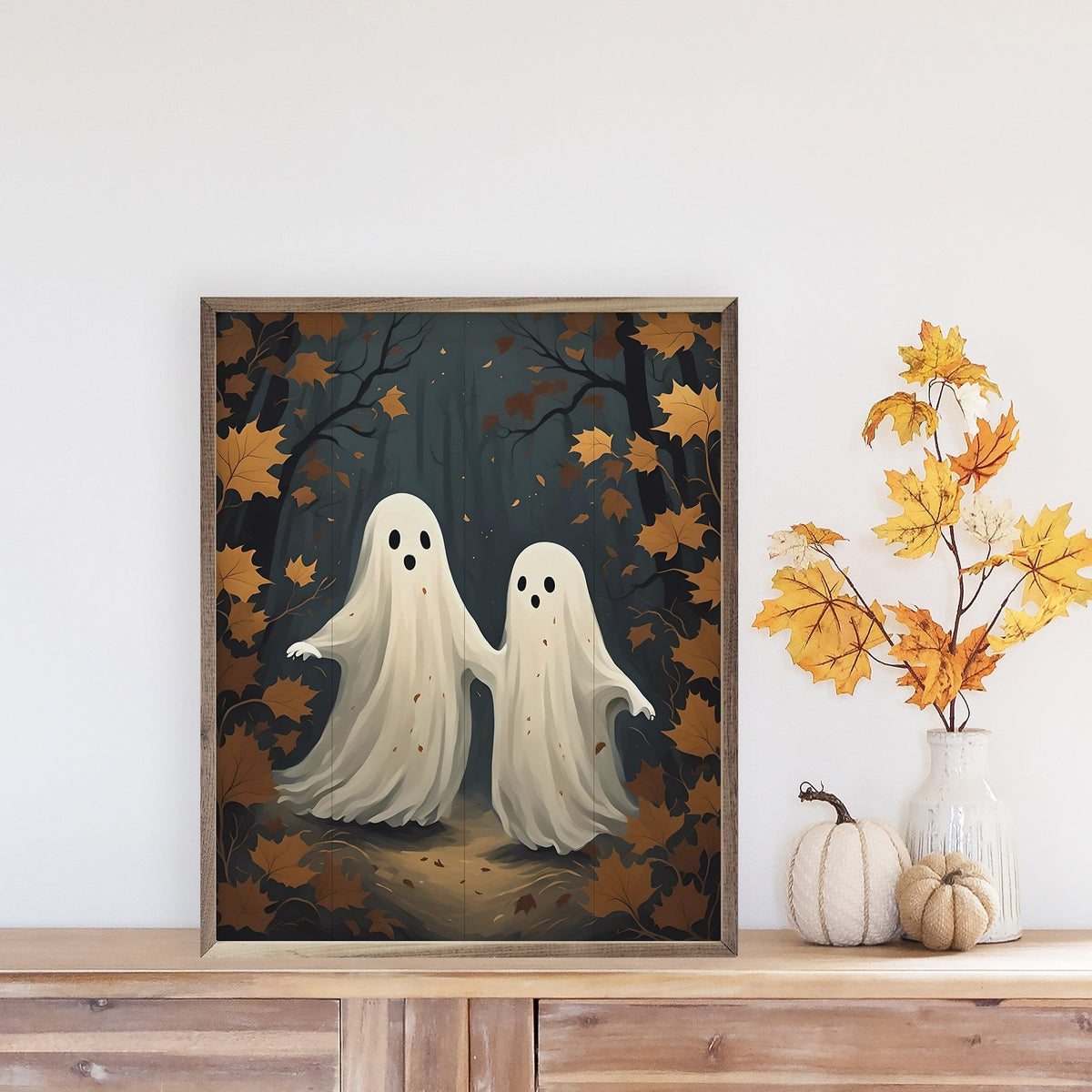 Kendrick Home Walnut Frames Two Ghost With Orange Leaves Printed and Framed Wall Sign