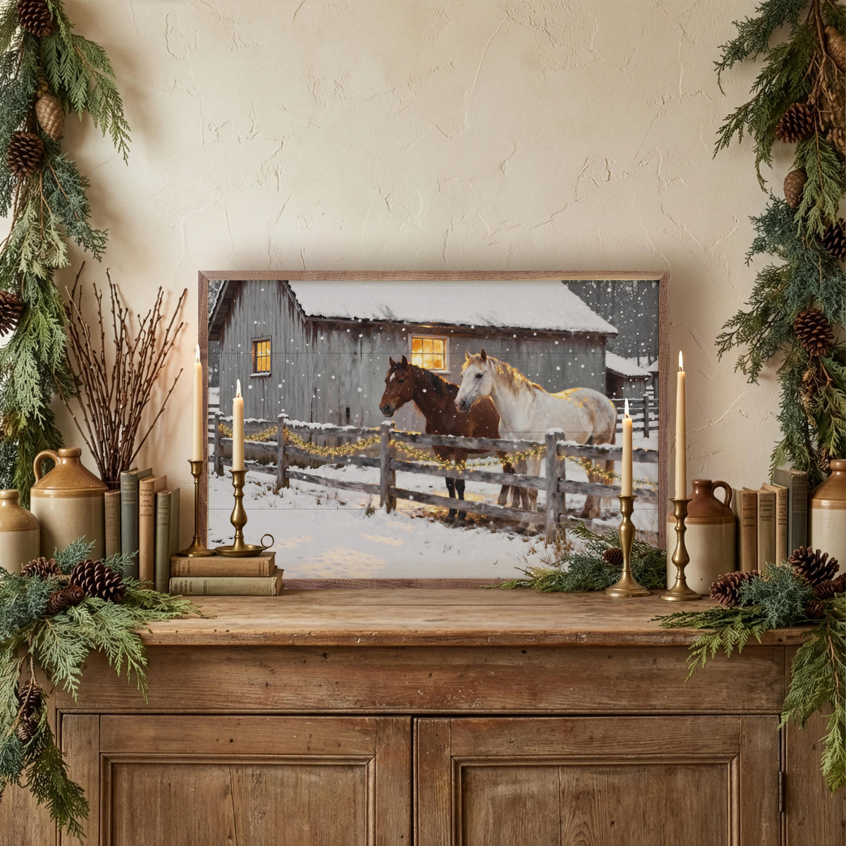 Kendrick Home Walnut Frames Two Horses In The Snow Printed and Framed Wall Sign