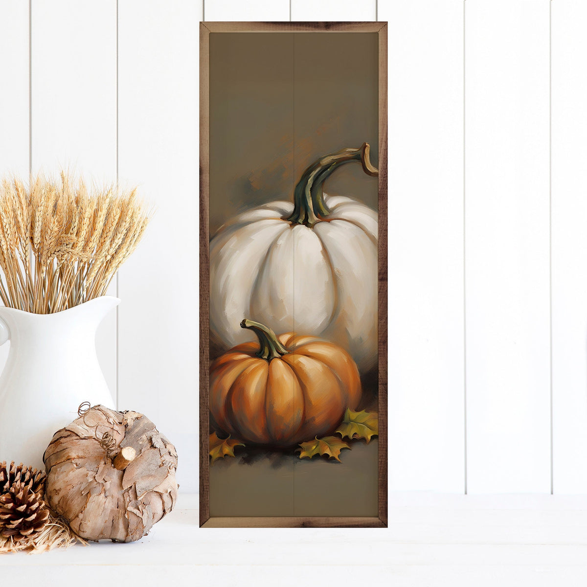 Kendrick Home Walnut Frames Two Pumpkins Printed and Framed Wall Sign