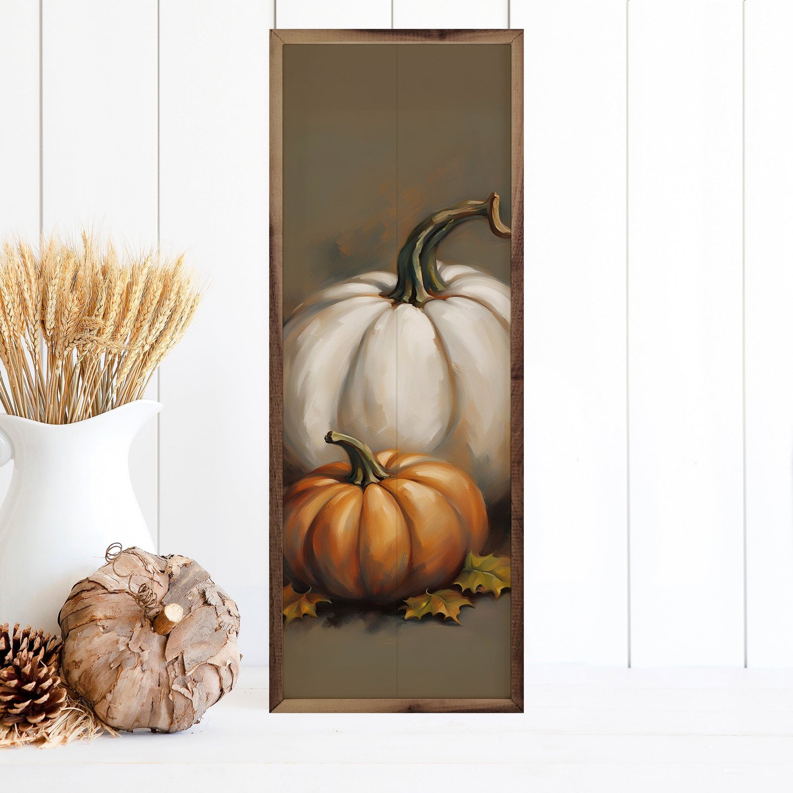 Kendrick Home Walnut Frames 4x12 Two Pumpkins Printed and Framed Wall Sign