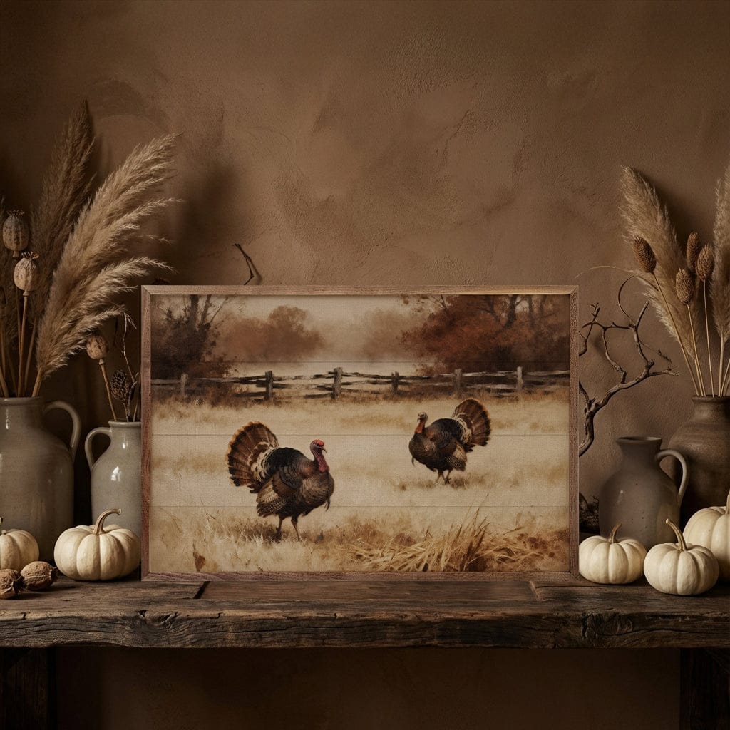 Kendrick Home Walnut Frames Two Strut Turkeys Printed and Framed Wall Sign