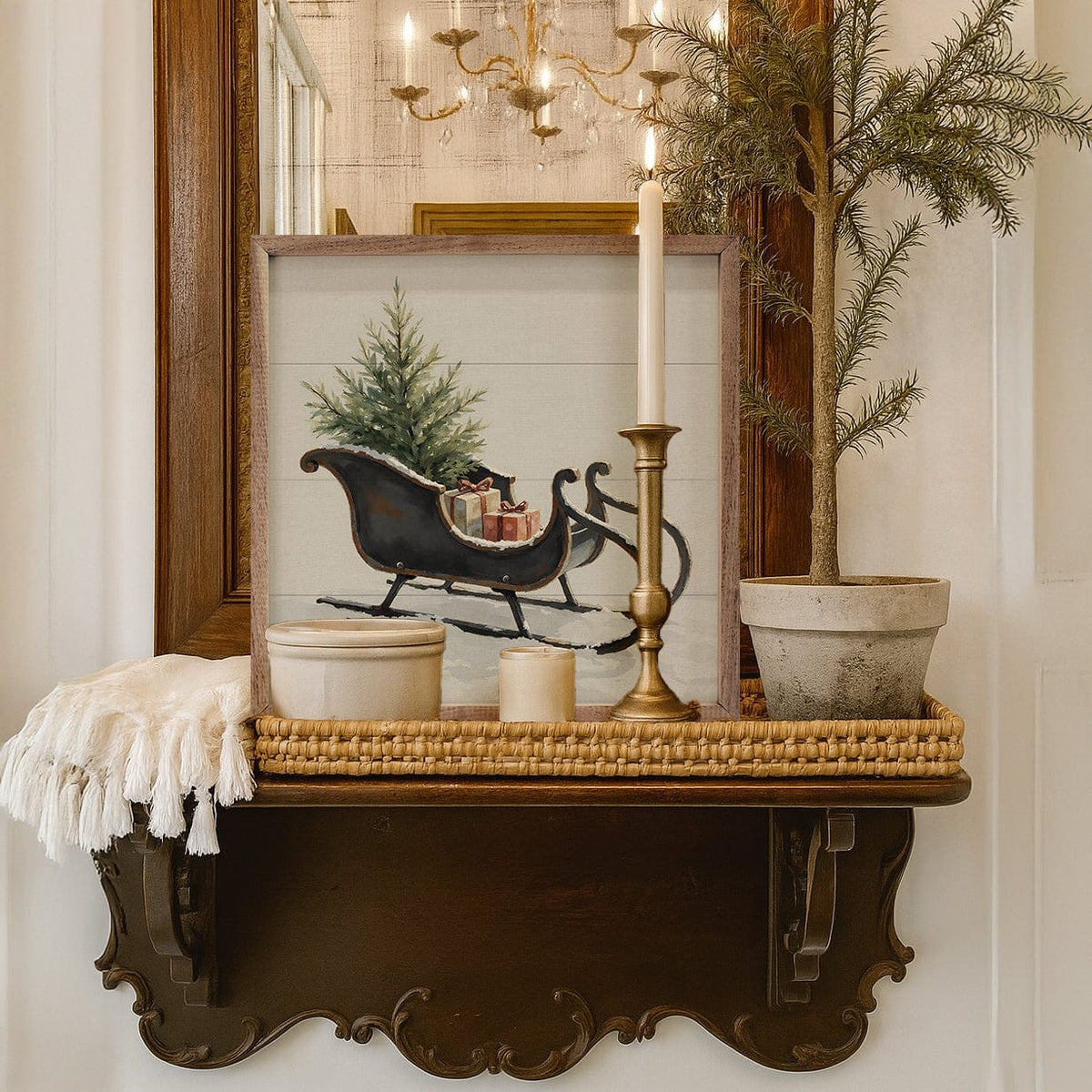 Kendrick Home Walnut Frames Vintage Black Sleigh Printed and Framed Wall Sign