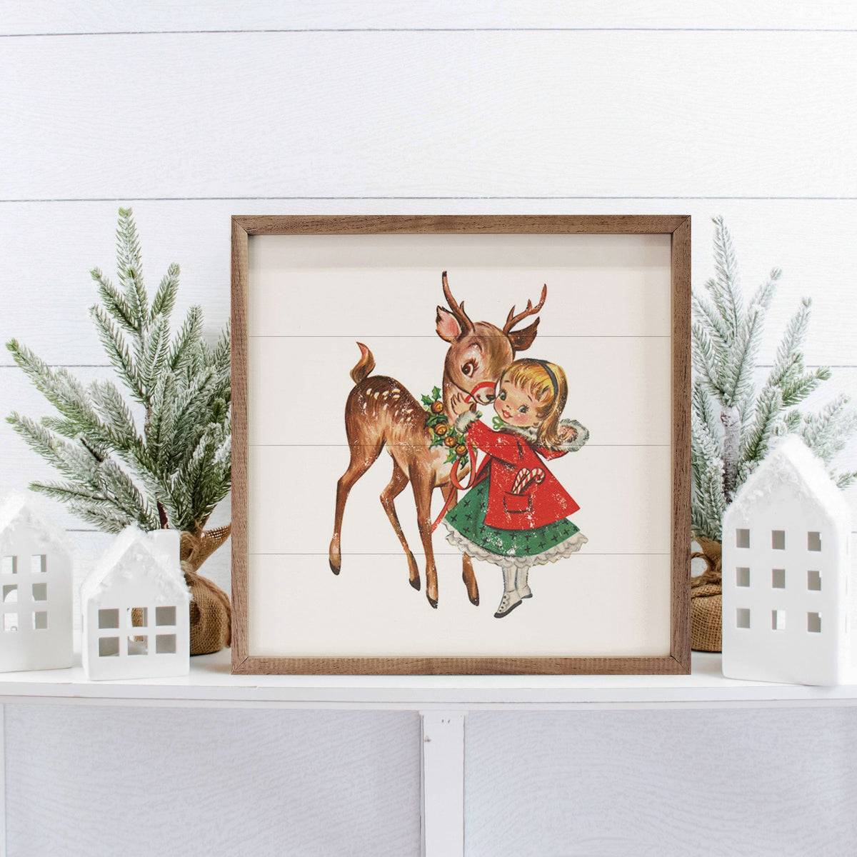 Kendrick Home Walnut Frames Vintage Deer With Girl Printed and Framed Wall Sign