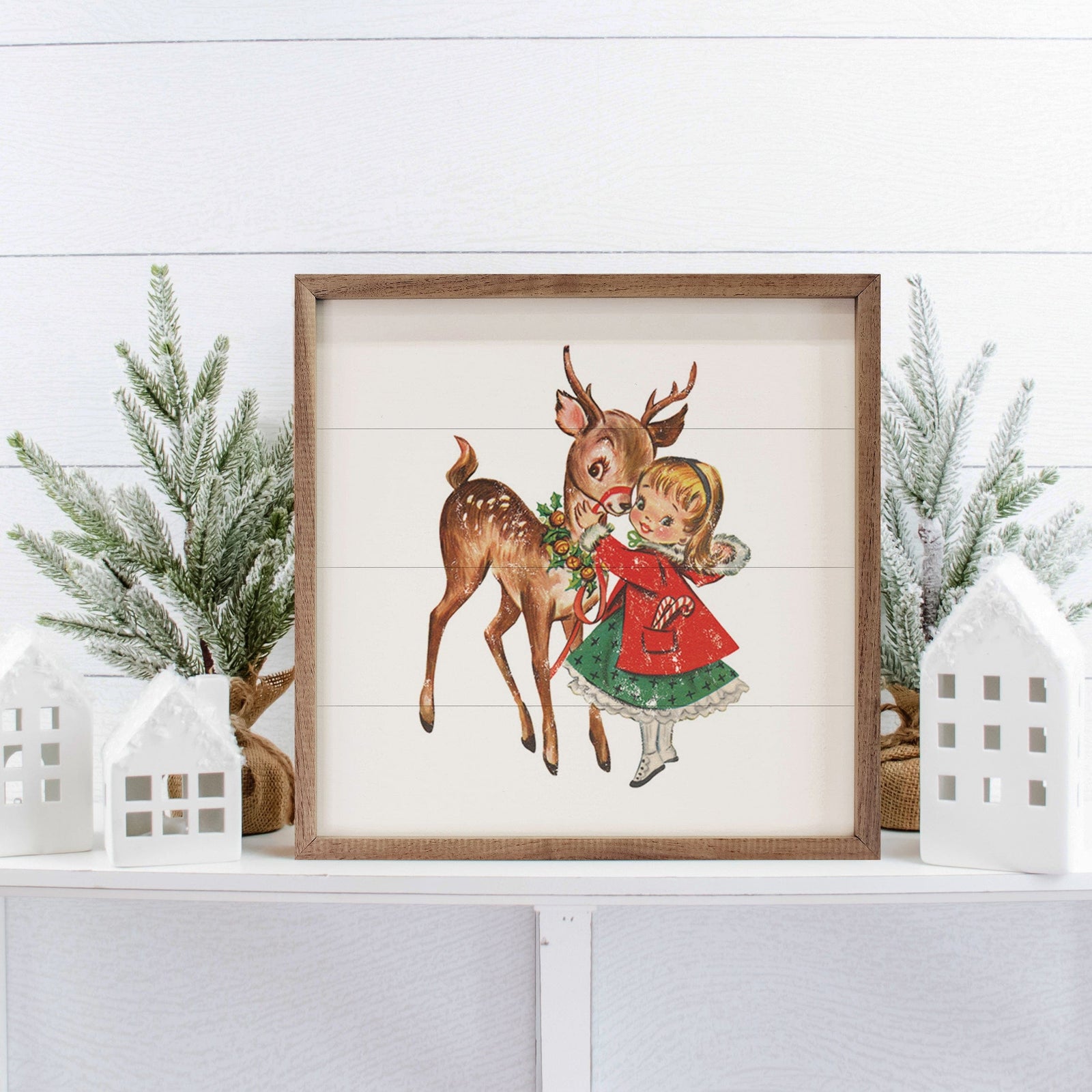 Kendrick Home Walnut Frames 4x4 Vintage Deer With Girl Printed and Framed Wall Sign