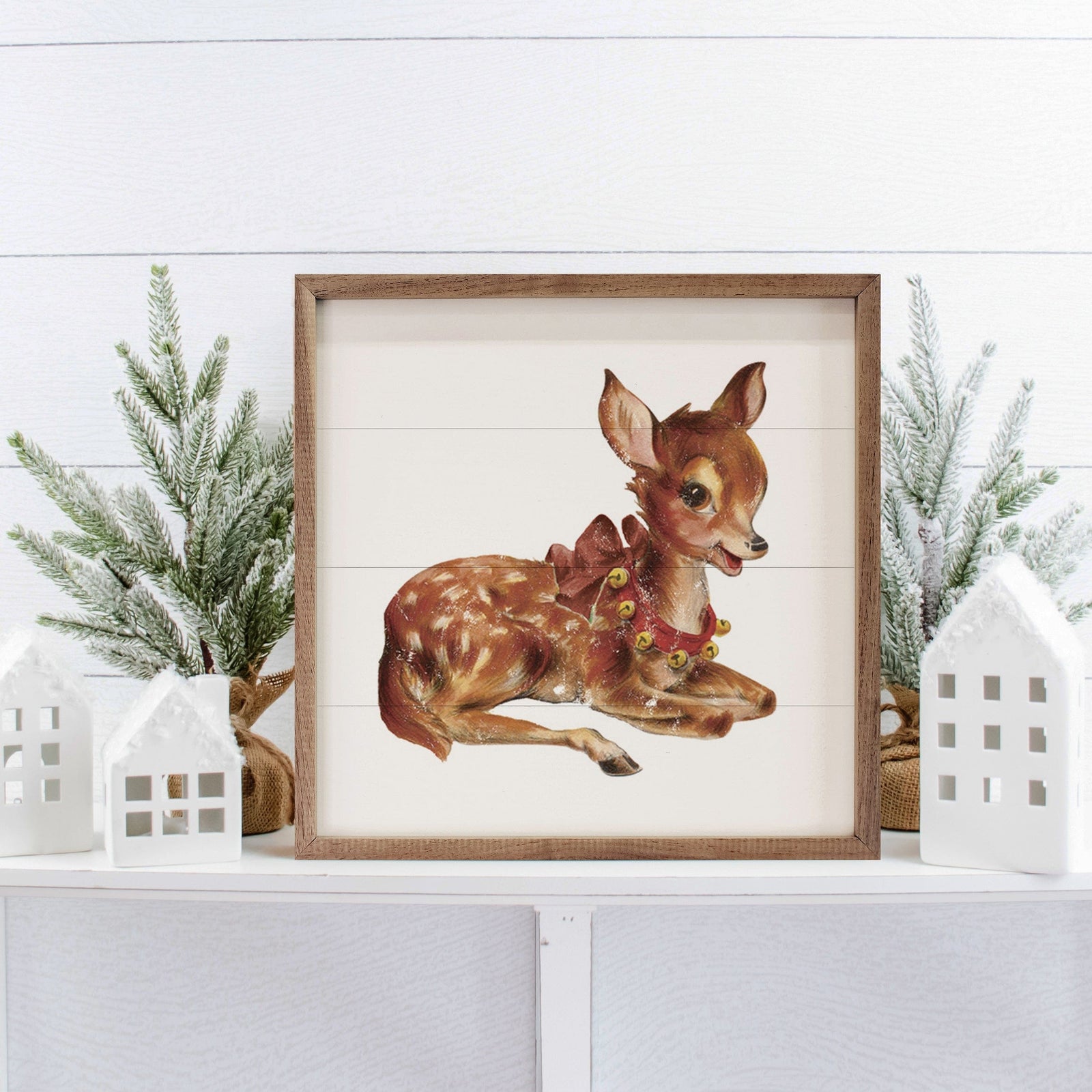 Kendrick Home Walnut Frames 4x4 Vintage Deer With Jingle Bells Printed and Framed Wall Sign