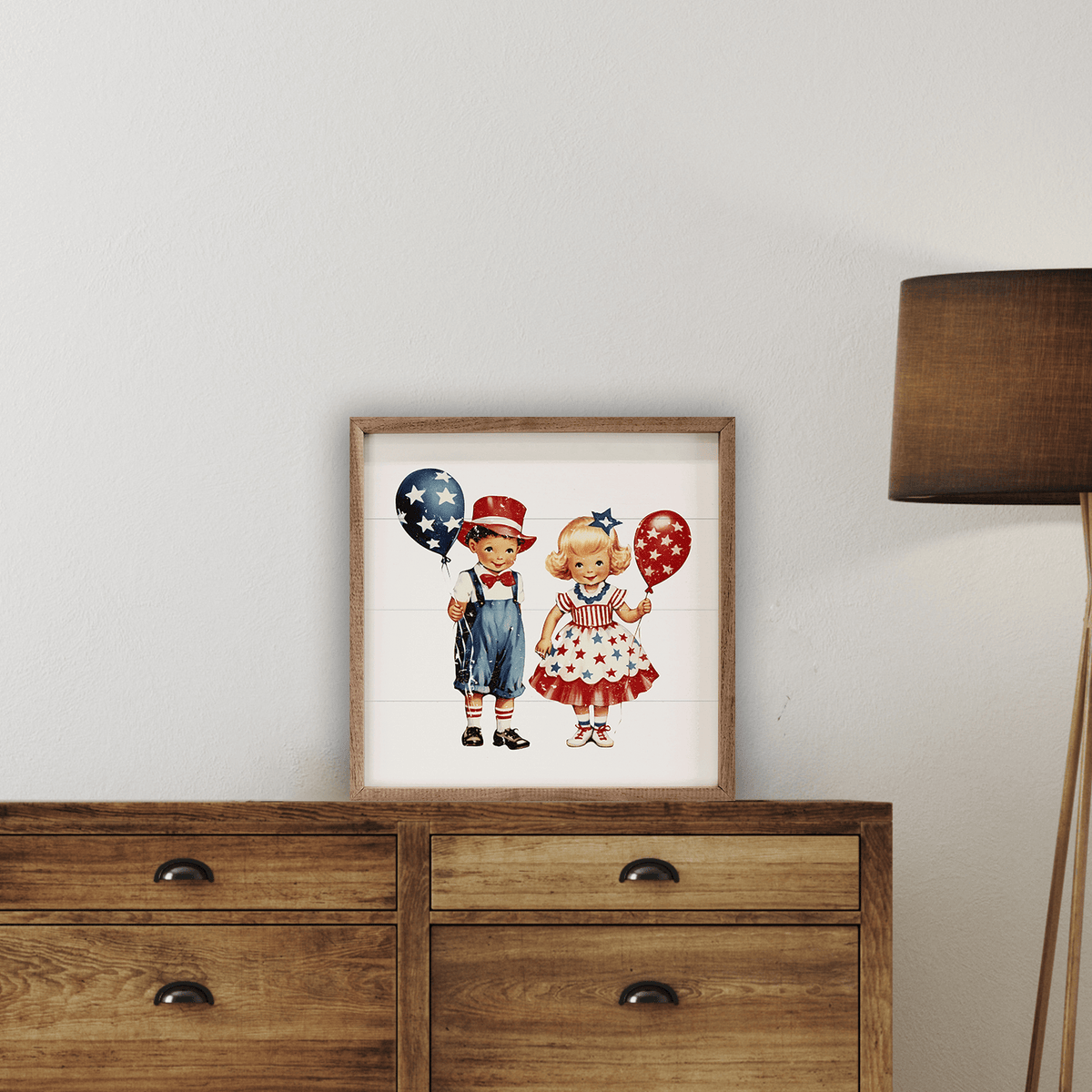 Kendrick Home Walnut Frames Vintage Fourth Of July Kids Printed and Framed Wall Sign