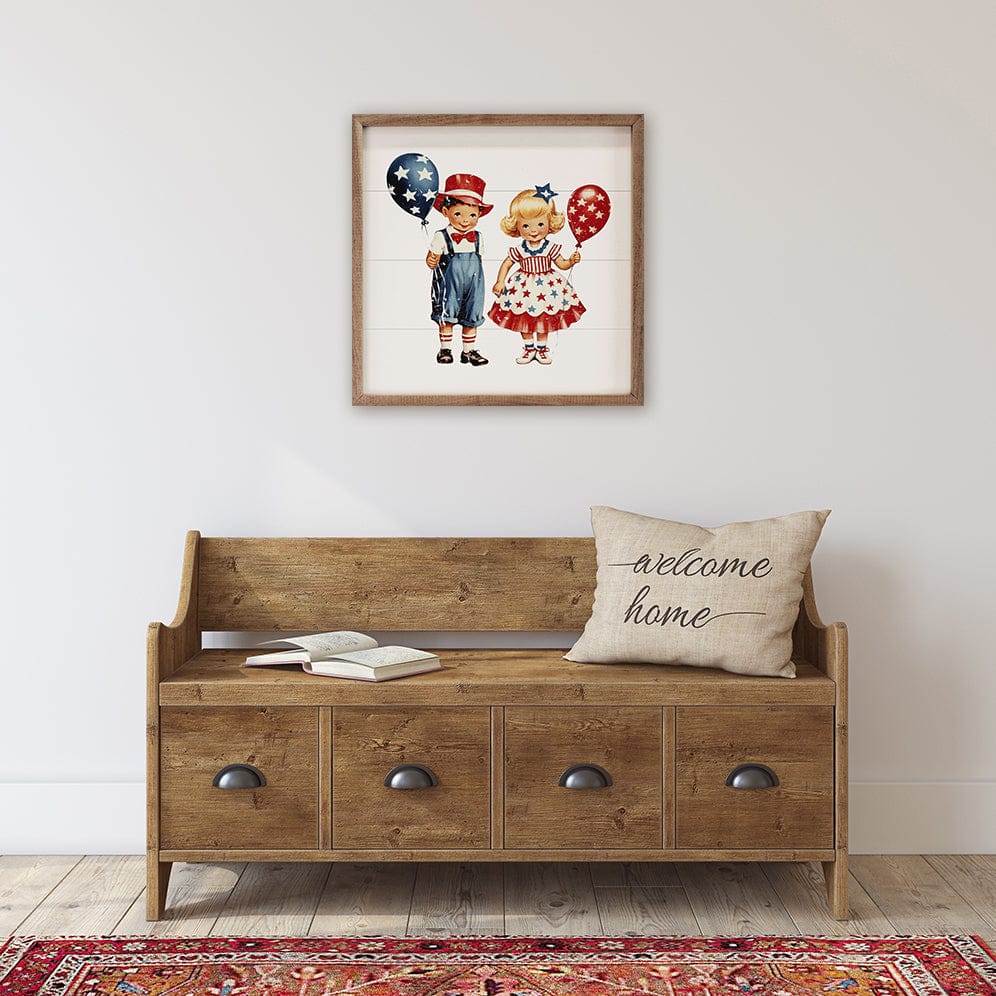 Kendrick Home Walnut Frames Vintage Fourth Of July Kids Printed and Framed Wall Sign
