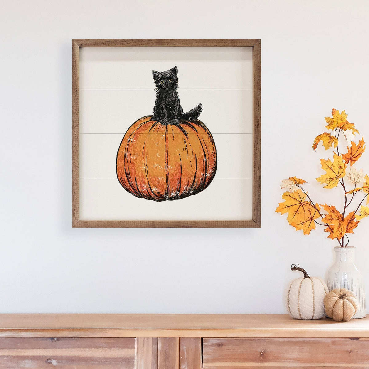 Kendrick Home Walnut Frames Vintage Halloween Cat On Pumpkin White Printed and Framed Wall Sign