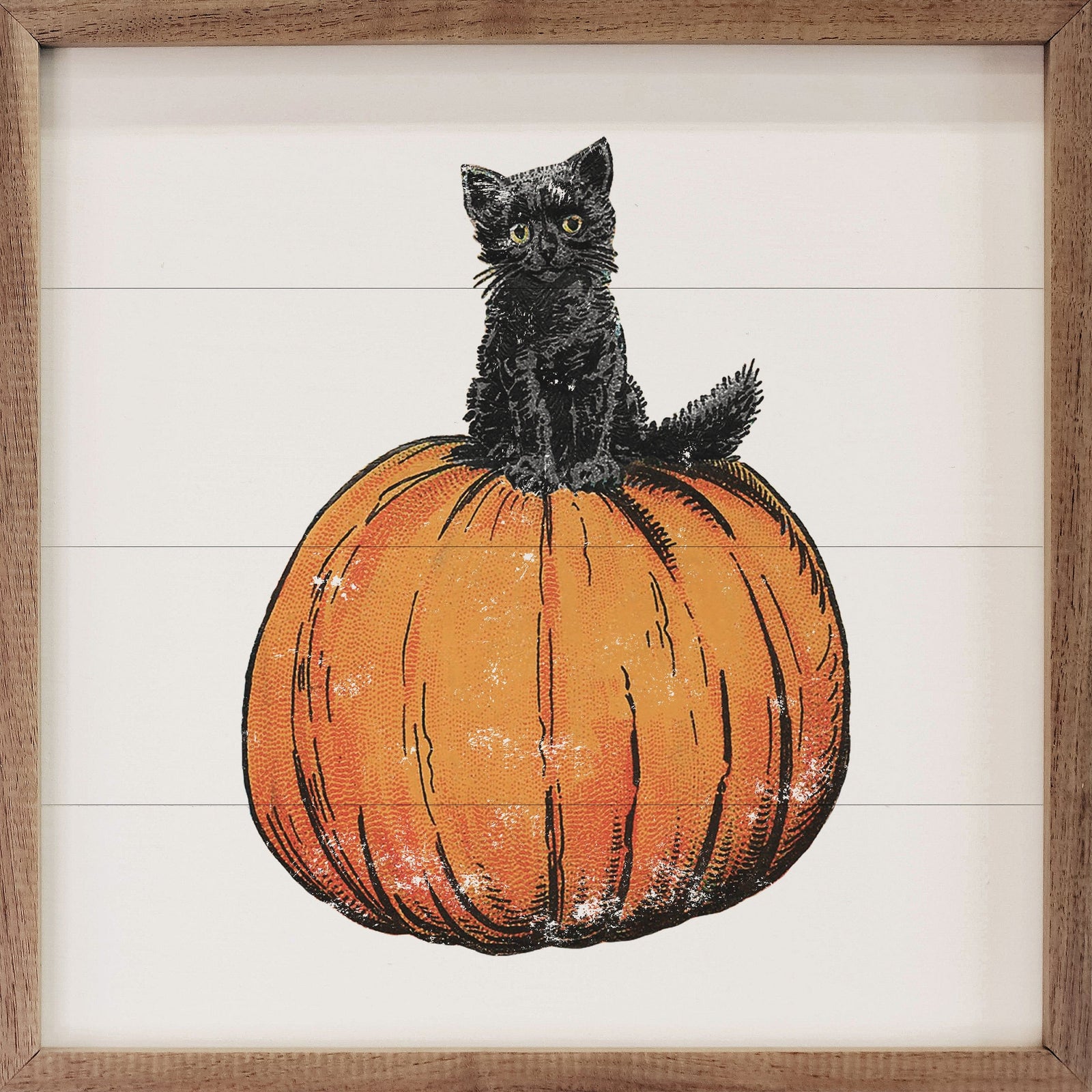 Kendrick Home Walnut Frames 4x4 Vintage Halloween Cat On Pumpkin White Printed and Framed Wall Sign