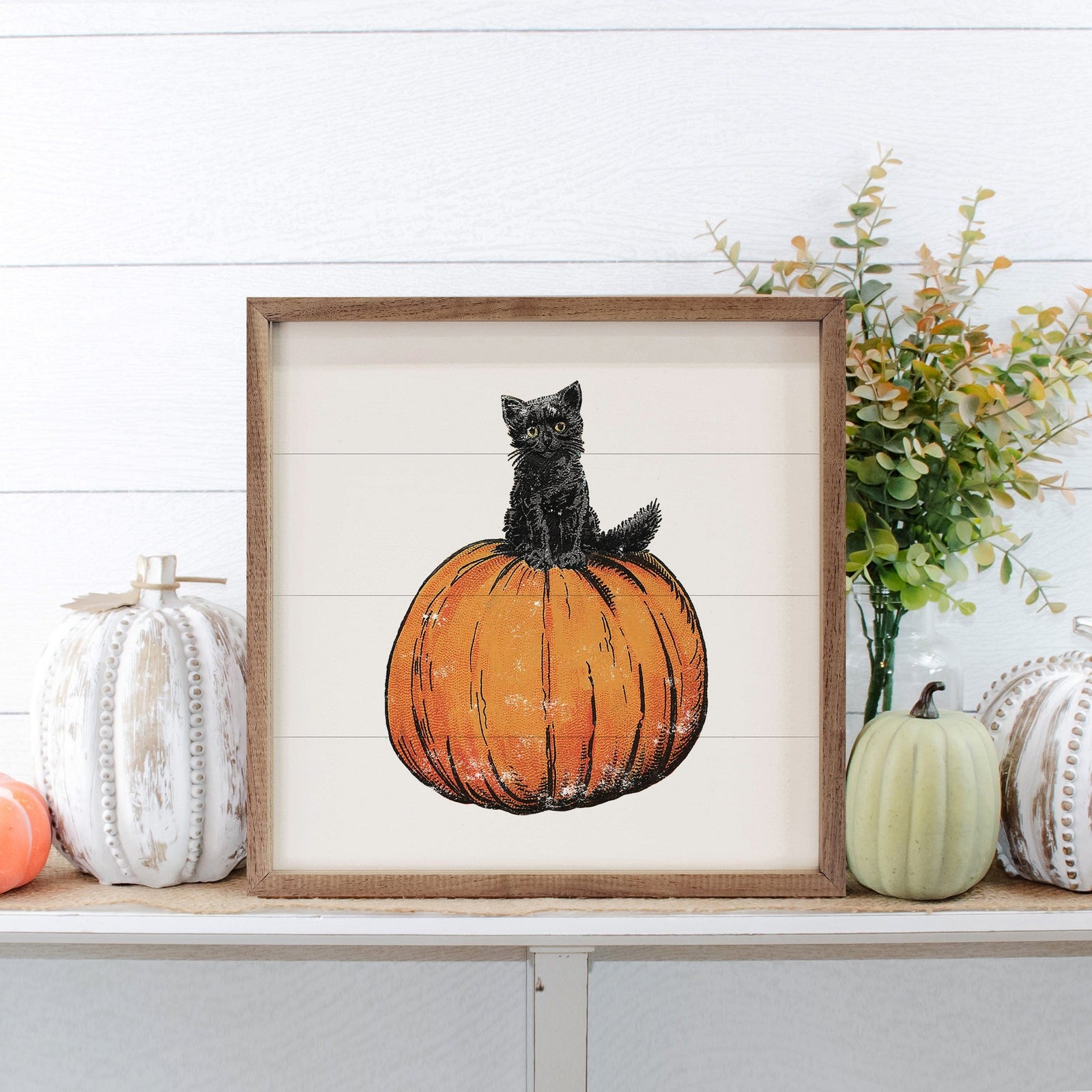 Kendrick Home Walnut Frames 4x4 Vintage Halloween Cat On Pumpkin White Printed and Framed Wall Sign