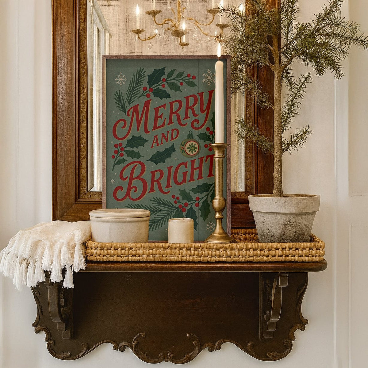 Kendrick Home Walnut Frames Vintage Merry And Bright Printed and Framed Wall Sign