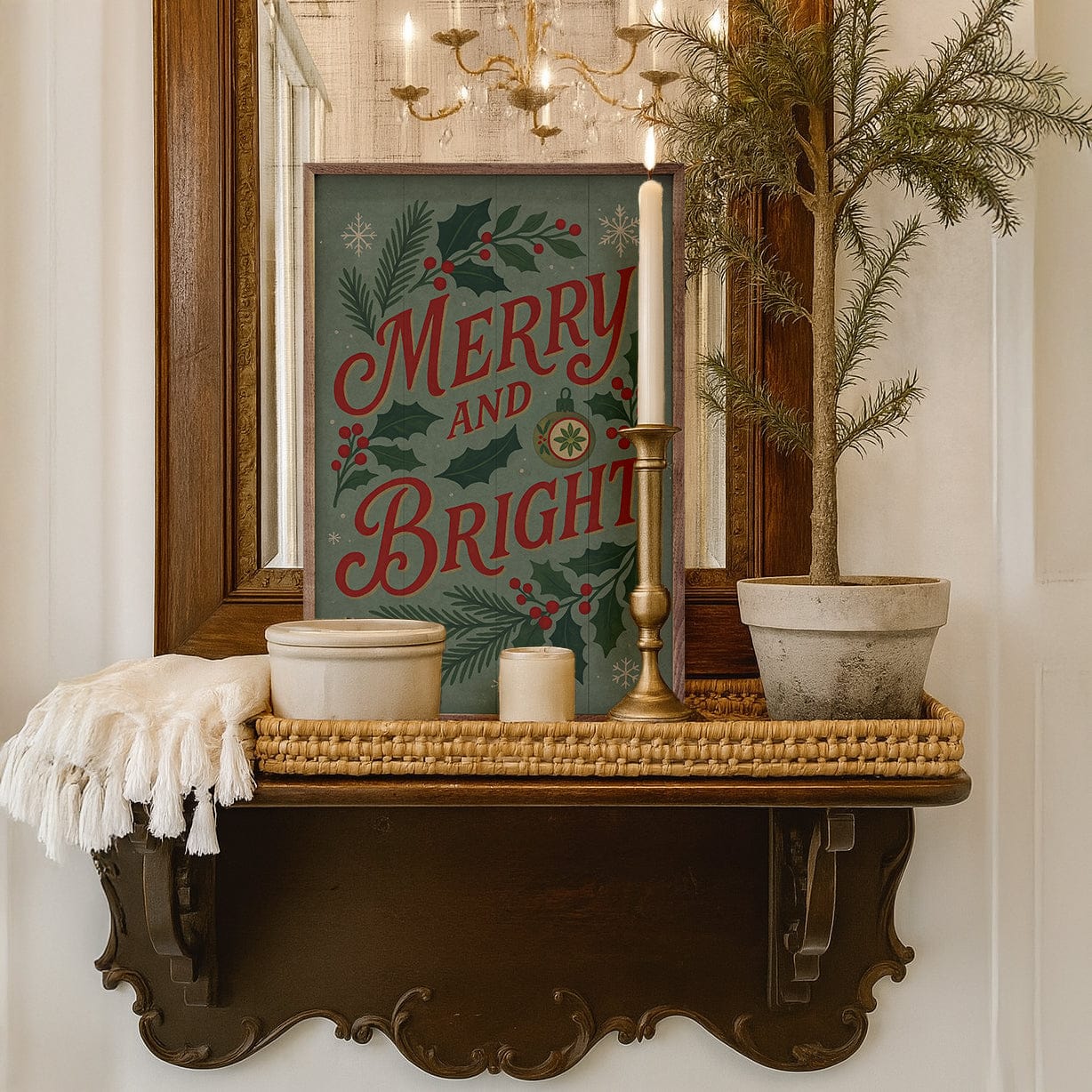 Kendrick Home Walnut Frames 5x8 Vintage Merry And Bright Printed and Framed Wall Sign
