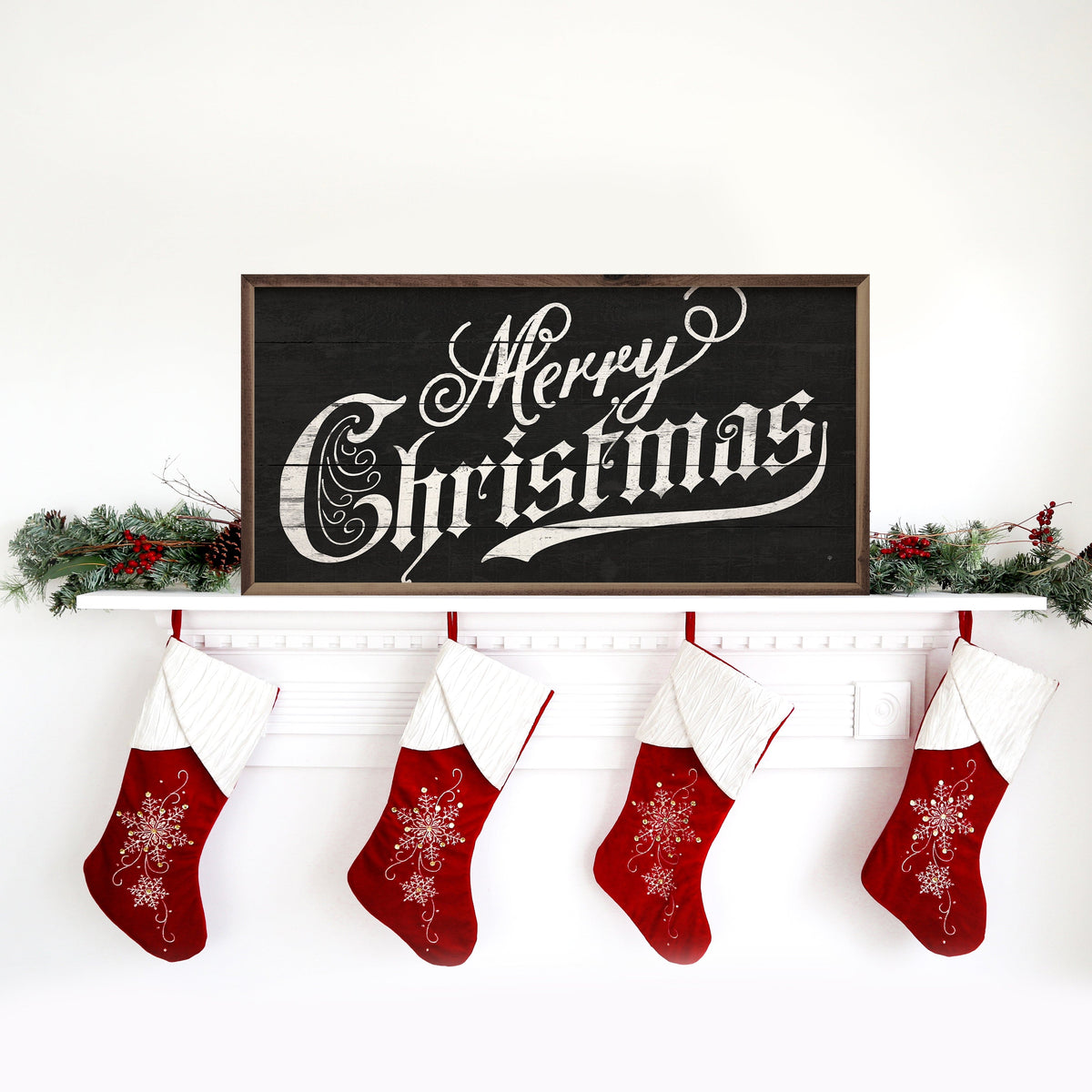 Kendrick Home Walnut Frames Vintage Merry Christmas Black Printed and Framed Wall Sign