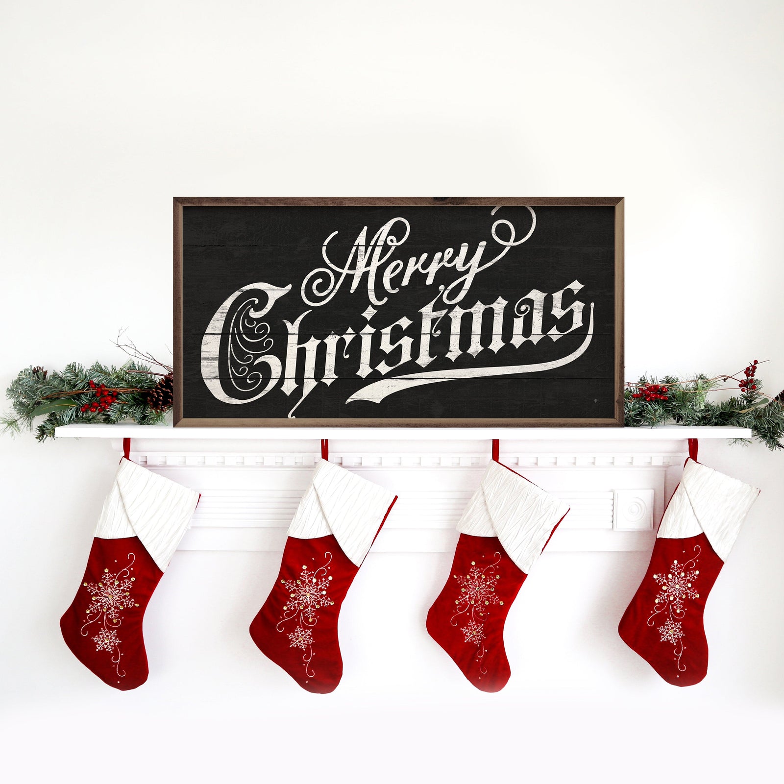 Kendrick Home Walnut Frames 16x8 Vintage Merry Christmas Black Printed and Framed Wall Sign