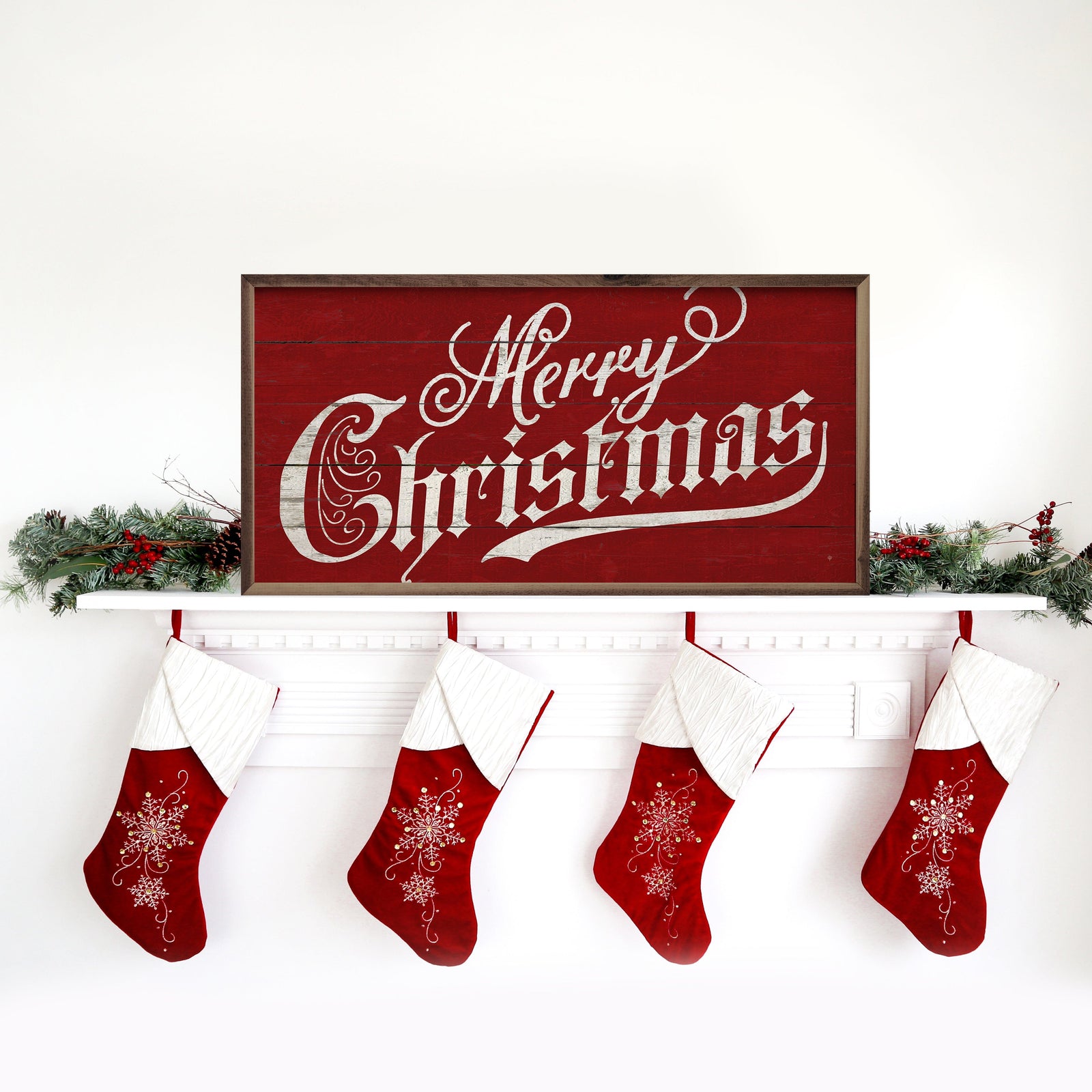 Kendrick Home Walnut Frames 16x8 Vintage Merry Christmas Red Printed and Framed Wall Sign