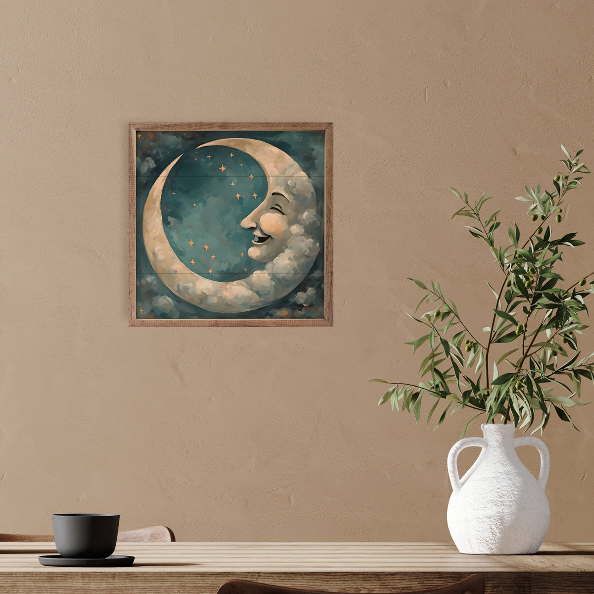 Kendrick Home Walnut Frames Vintage Moon With Face Printed and Framed Wall Sign
