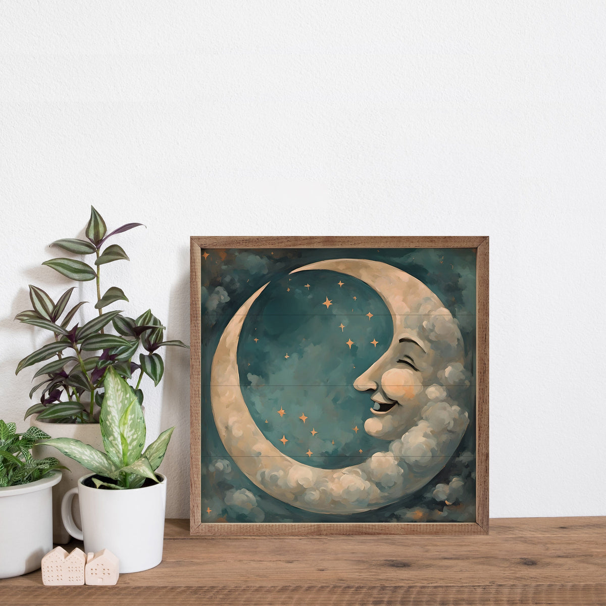 Kendrick Home Walnut Frames Vintage Moon With Face Printed and Framed Wall Sign