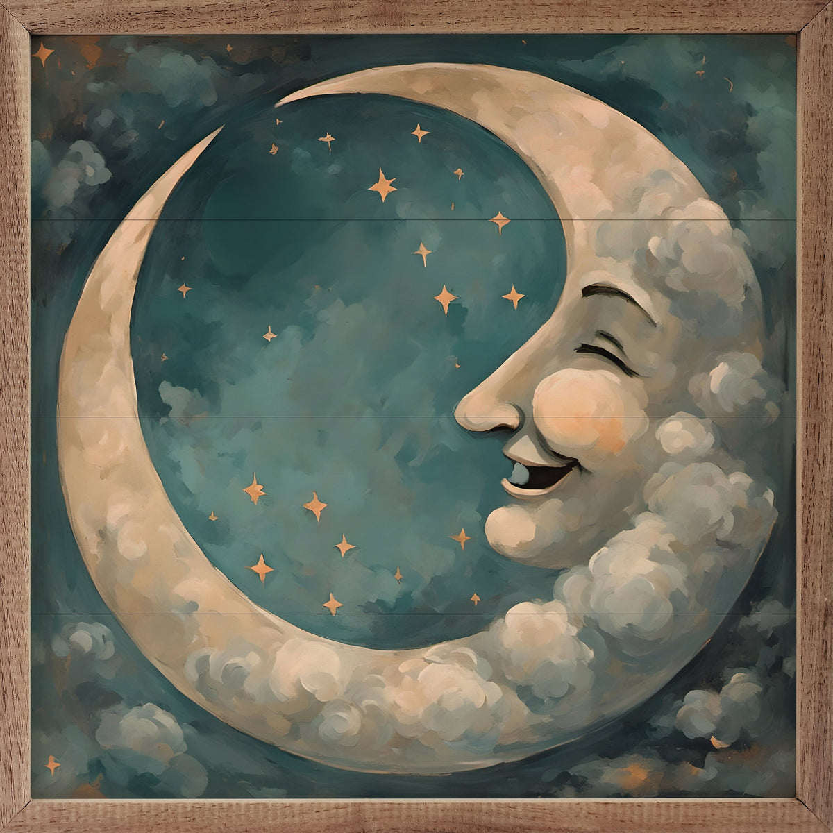 Kendrick Home Walnut Frames 4x4 Vintage Moon With Face Printed and Framed Wall Sign