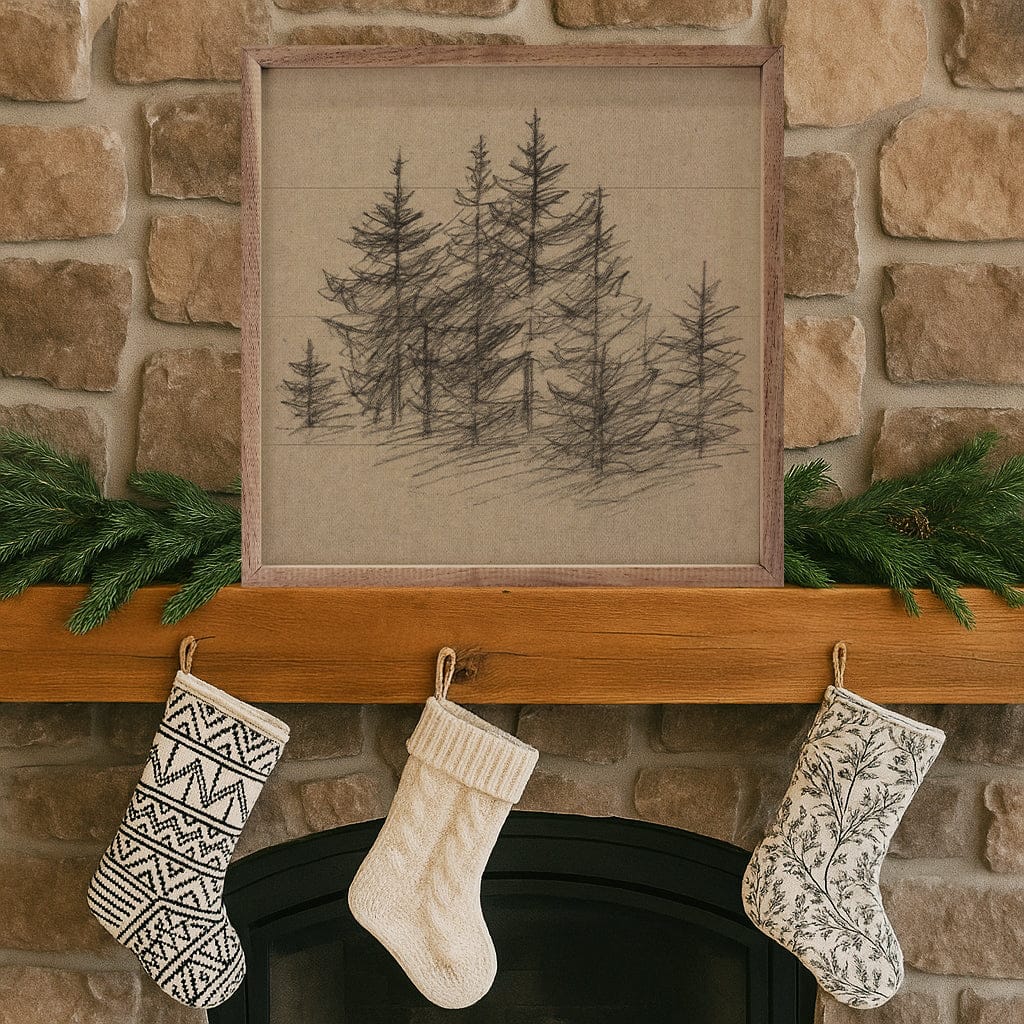 Kendrick Home Walnut Frames Vintage Pencil Drawing Pines Printed and Framed Wall Sign