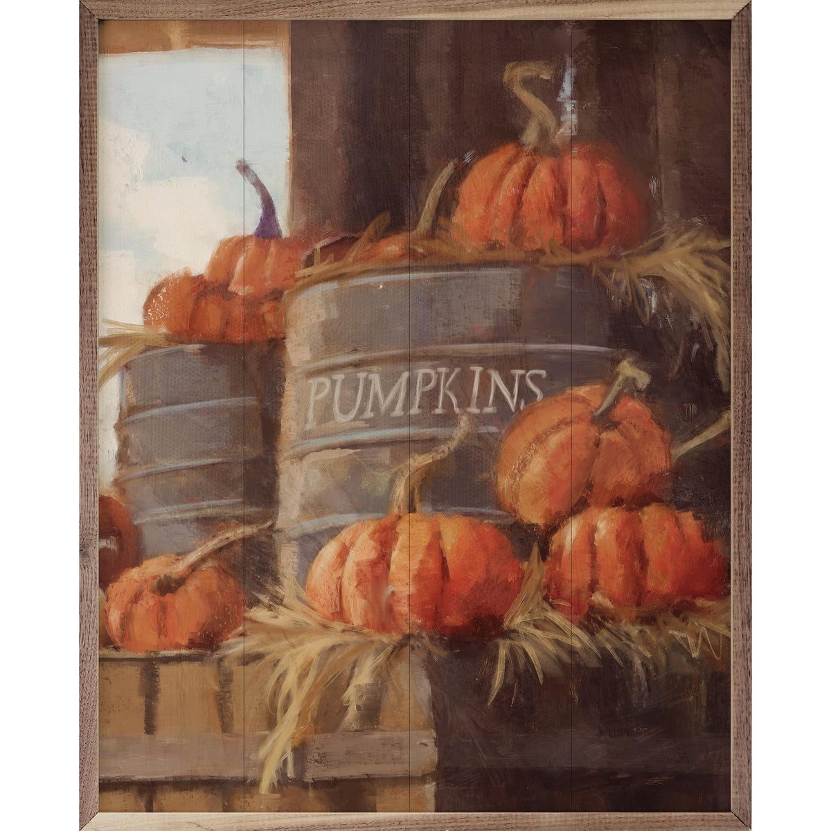 Kendrick Home Walnut Frames 8x10 Vintage Pumpkins 3 Cans By Nina Blue Printed and Framed Wall Sign