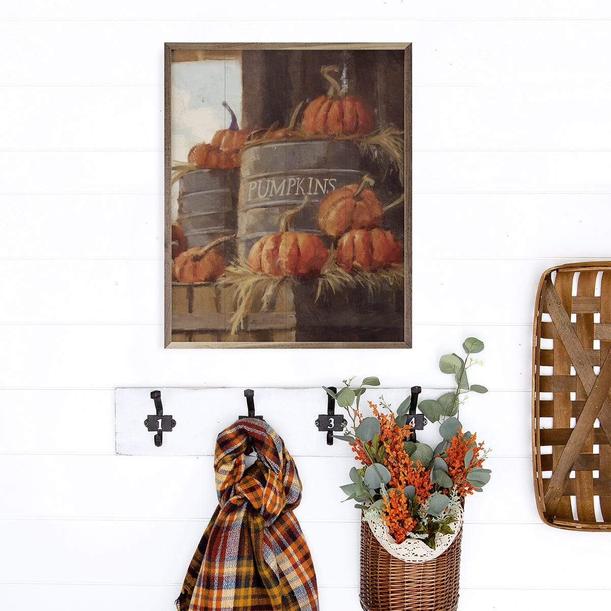 Kendrick Home Walnut Frames Vintage Pumpkins 3 Cans By Nina Blue Printed and Framed Wall Sign