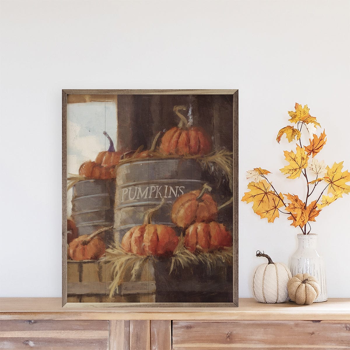 Kendrick Home Walnut Frames Vintage Pumpkins 3 Cans By Nina Blue Printed and Framed Wall Sign