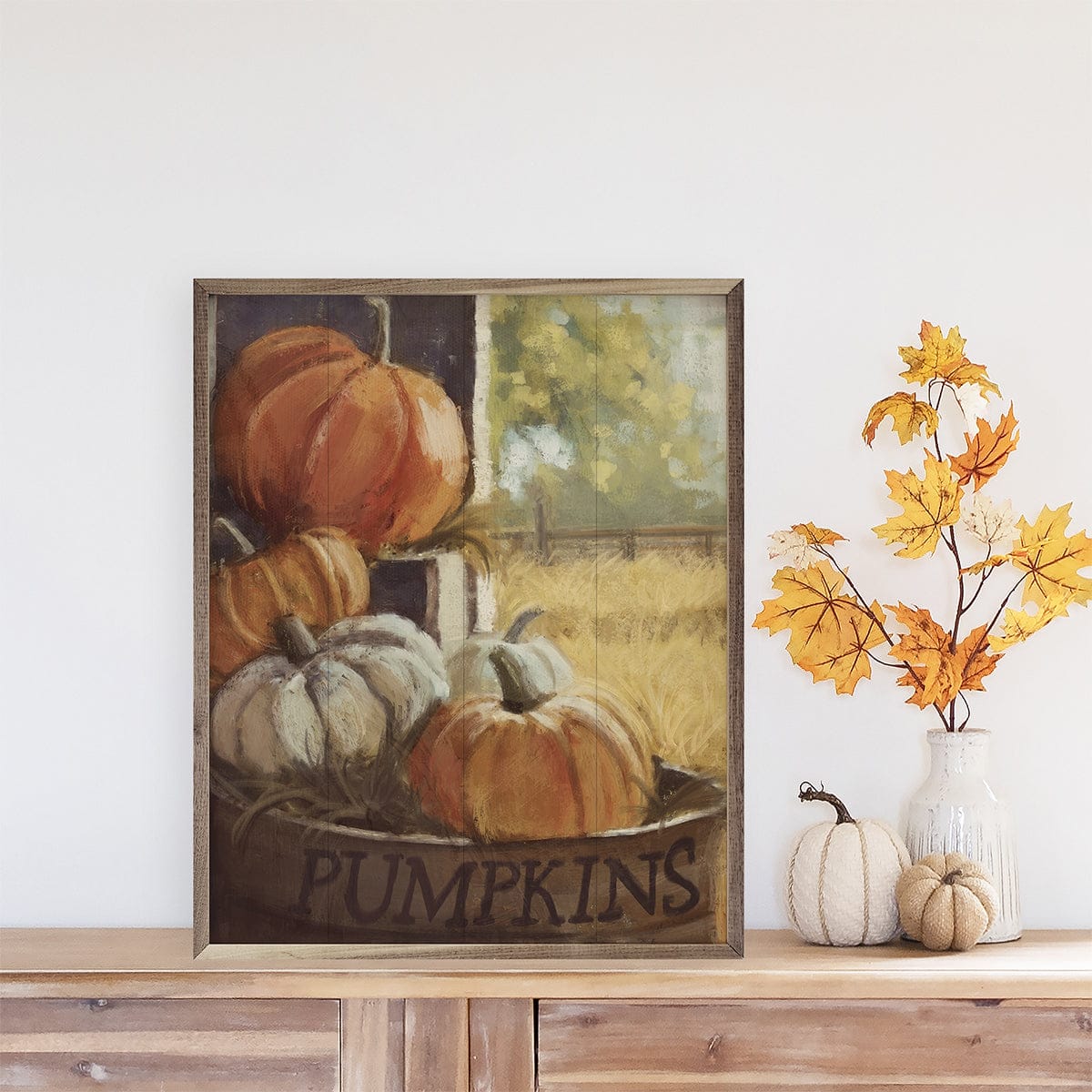 Kendrick Home Walnut Frames Vintage Pumpkins 4 By Nina Blue Printed and Framed Wall Sign