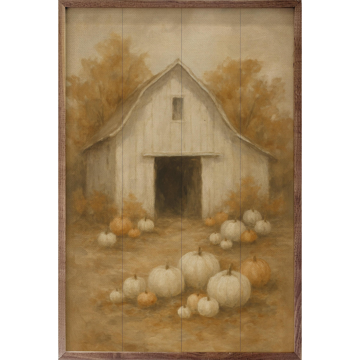 Kendrick Home Walnut Frames 5x8 Vintage White Barn Pumpkin Patch Printed and Framed Wall Sign