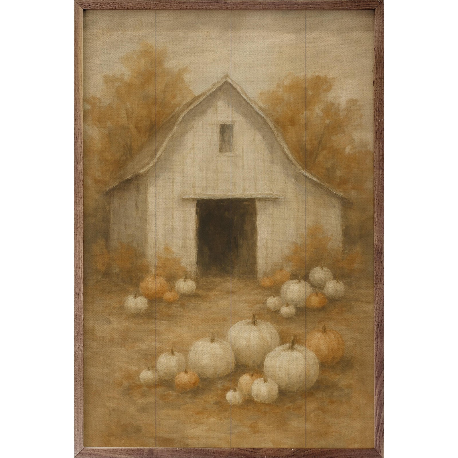 Kendrick Home Walnut Frames 5x8 Vintage White Barn Pumpkin Patch Printed and Framed Wall Sign