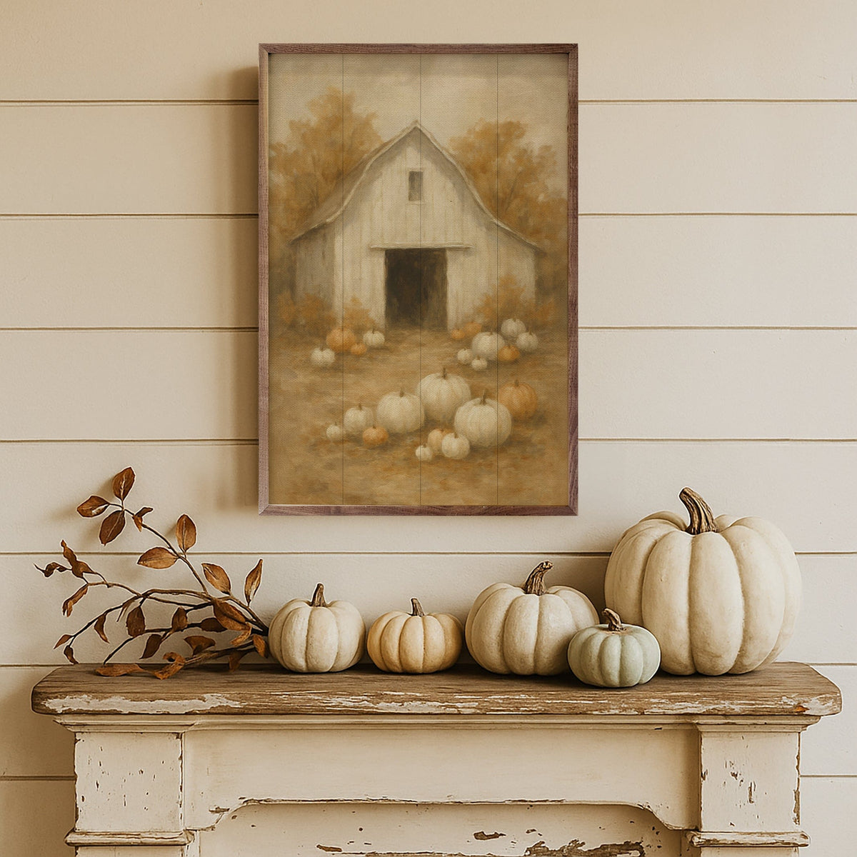 Kendrick Home Walnut Frames Vintage White Barn Pumpkin Patch Printed and Framed Wall Sign