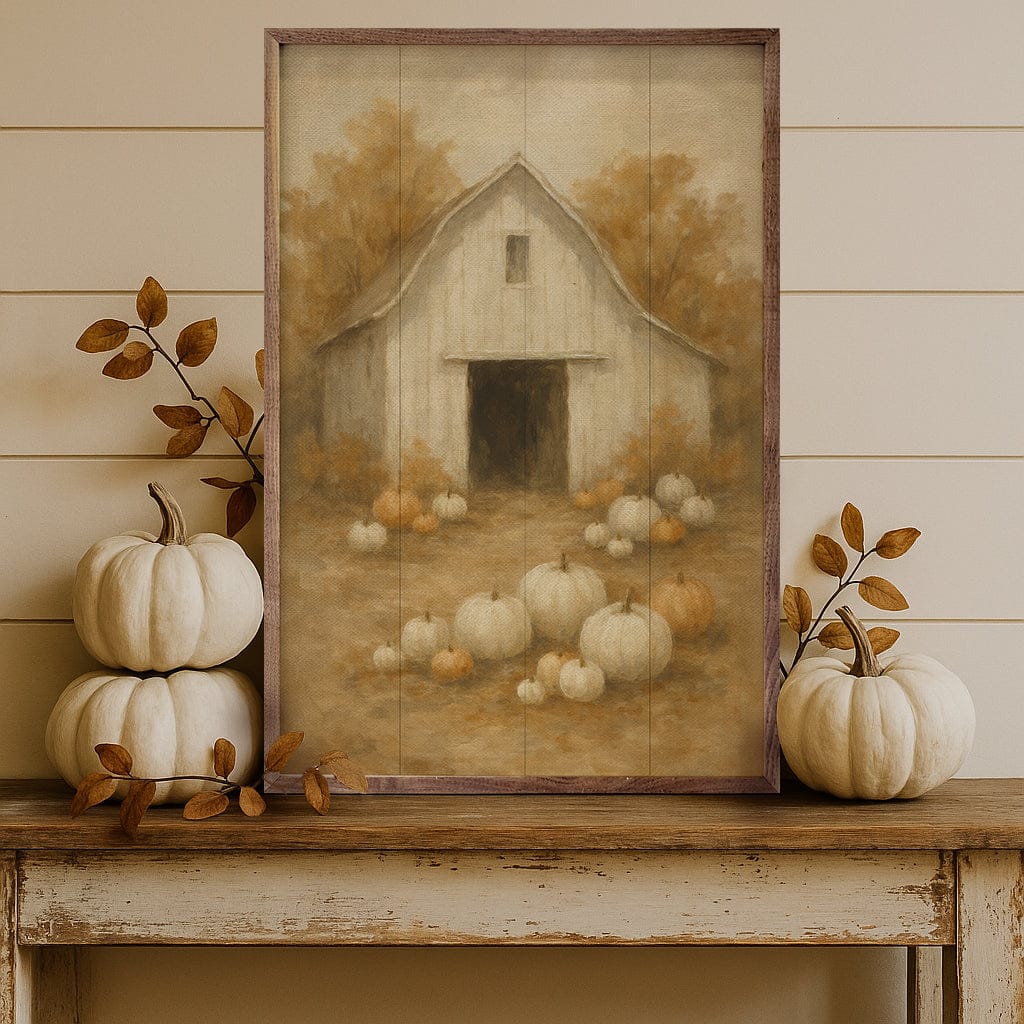 Kendrick Home Walnut Frames 5x8 Vintage White Barn Pumpkin Patch Printed and Framed Wall Sign
