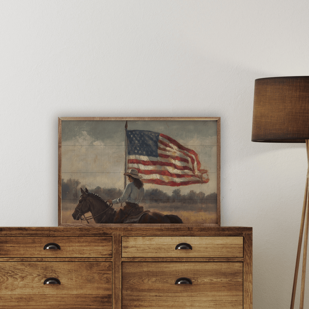Kendrick Home Walnut Frames Vintage Woman Rider With Flag Printed and Framed Wall Sign