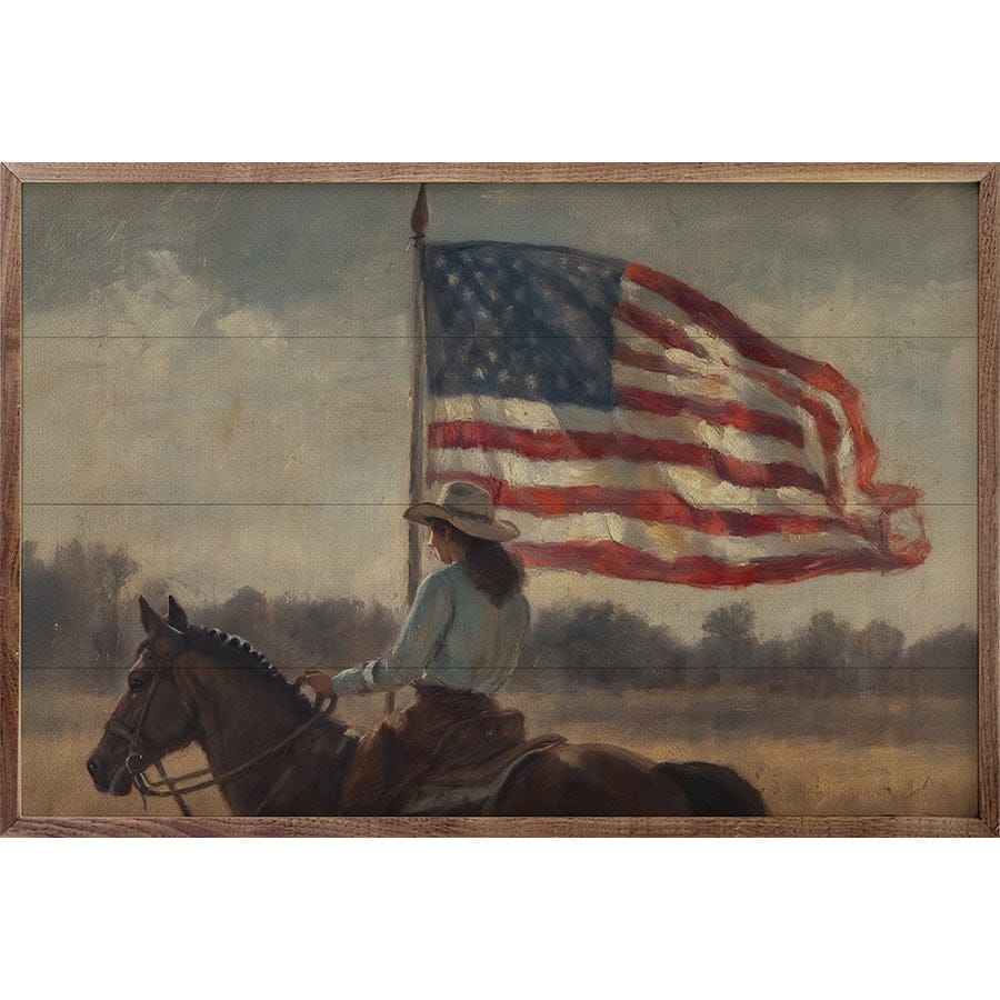 Kendrick Home Walnut Frames Vintage Woman Rider With Flag Printed and Framed Wall Sign