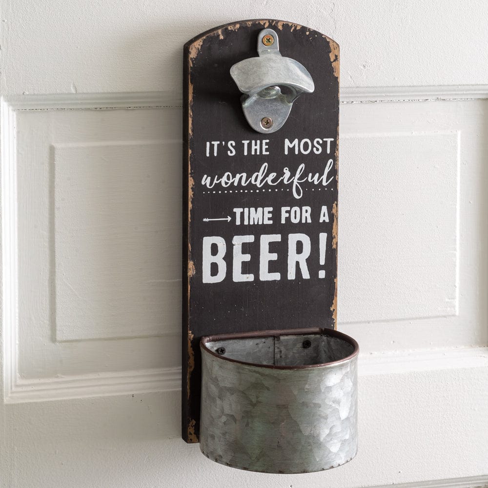 Wall Mounted Bottle Opener W/ It's The Most Wonderful Time For A Beer Sign-CTW Home-The Village Merchant