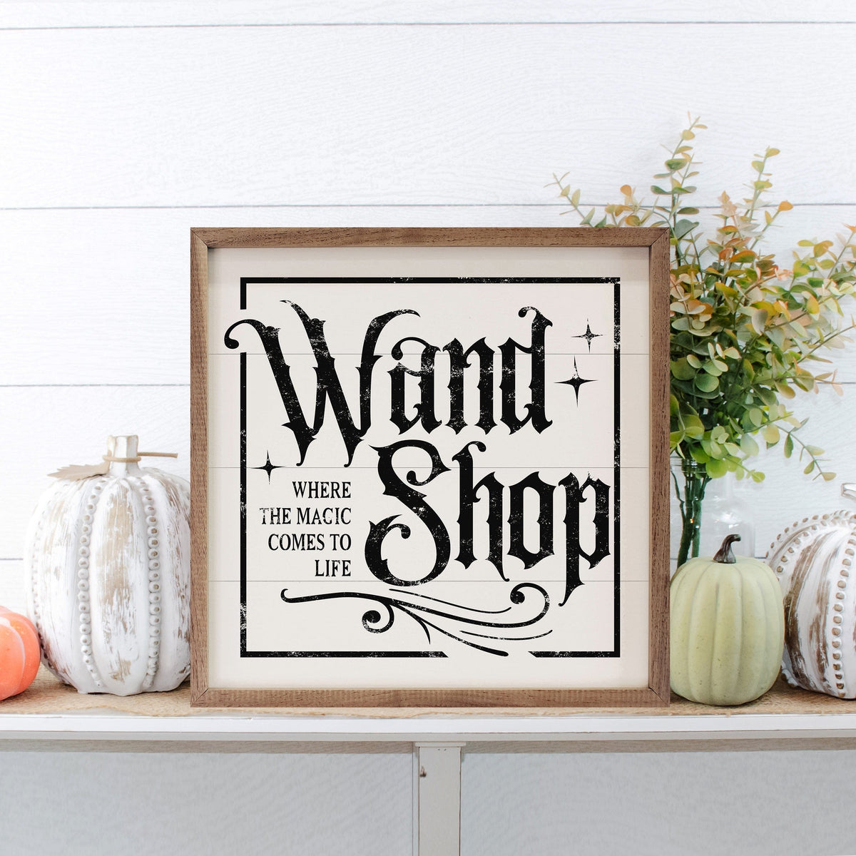 Kendrick Home Walnut Frames Wand Shop Border White Printed and Framed Wall Sign