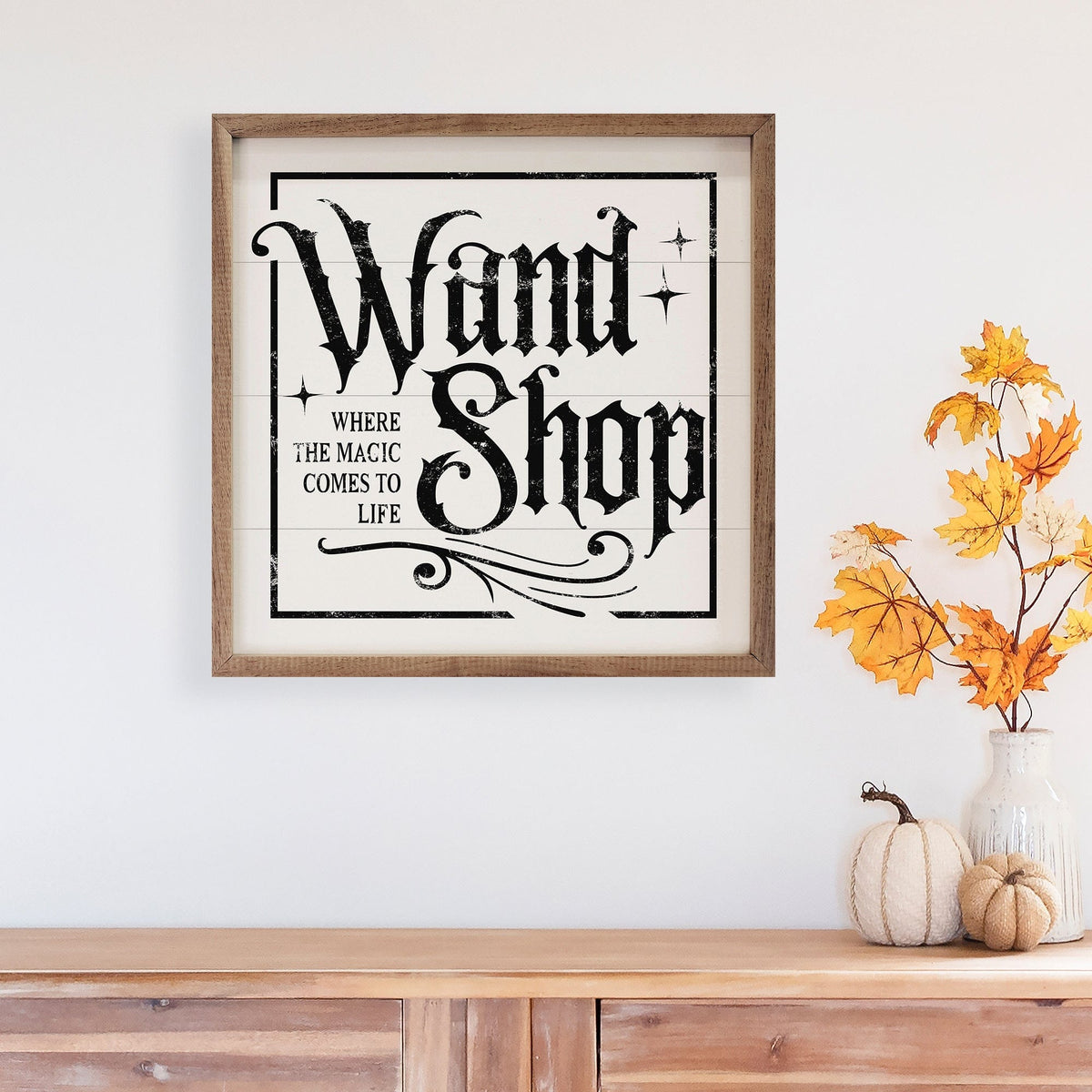Kendrick Home Walnut Frames Wand Shop Border White Printed and Framed Wall Sign